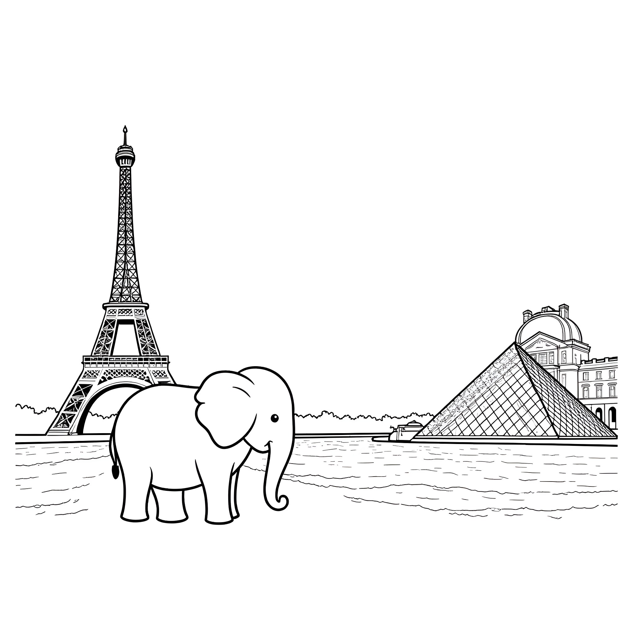 Babar explores the Eiffel Tower and Louvre in Paris Coloring Page (free black-and-white line drawing printable PDF for all, from beginners to advanced learners, including children, teens, adults, and seniors)
