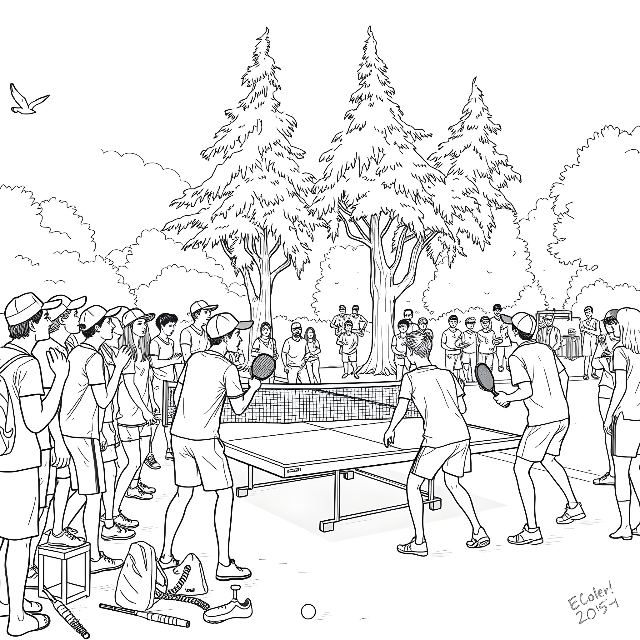Pickleball game in the park Coloring Page (free black-and-white line drawing printable PDF for all, from beginners to advanced learners, including children, teens, adults, and seniors)