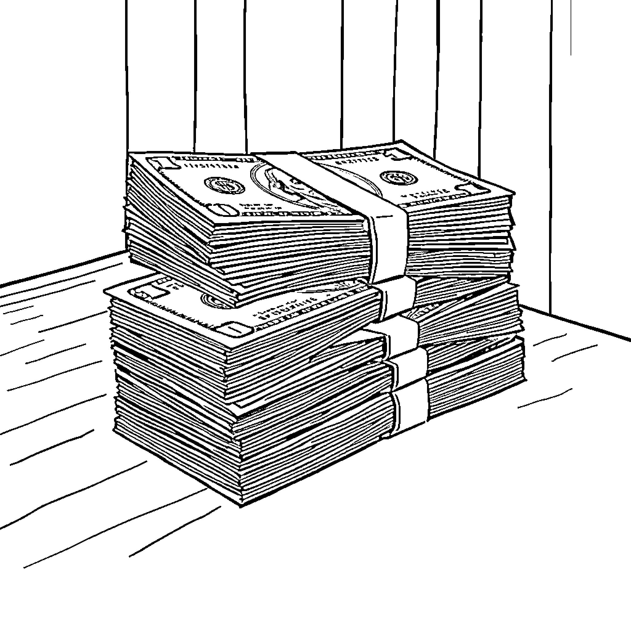 Money stacks in a dark room Coloring Page (free black-and-white line drawing printable PDF for all, from beginners to advanced learners, including children, teens, adults, and seniors)