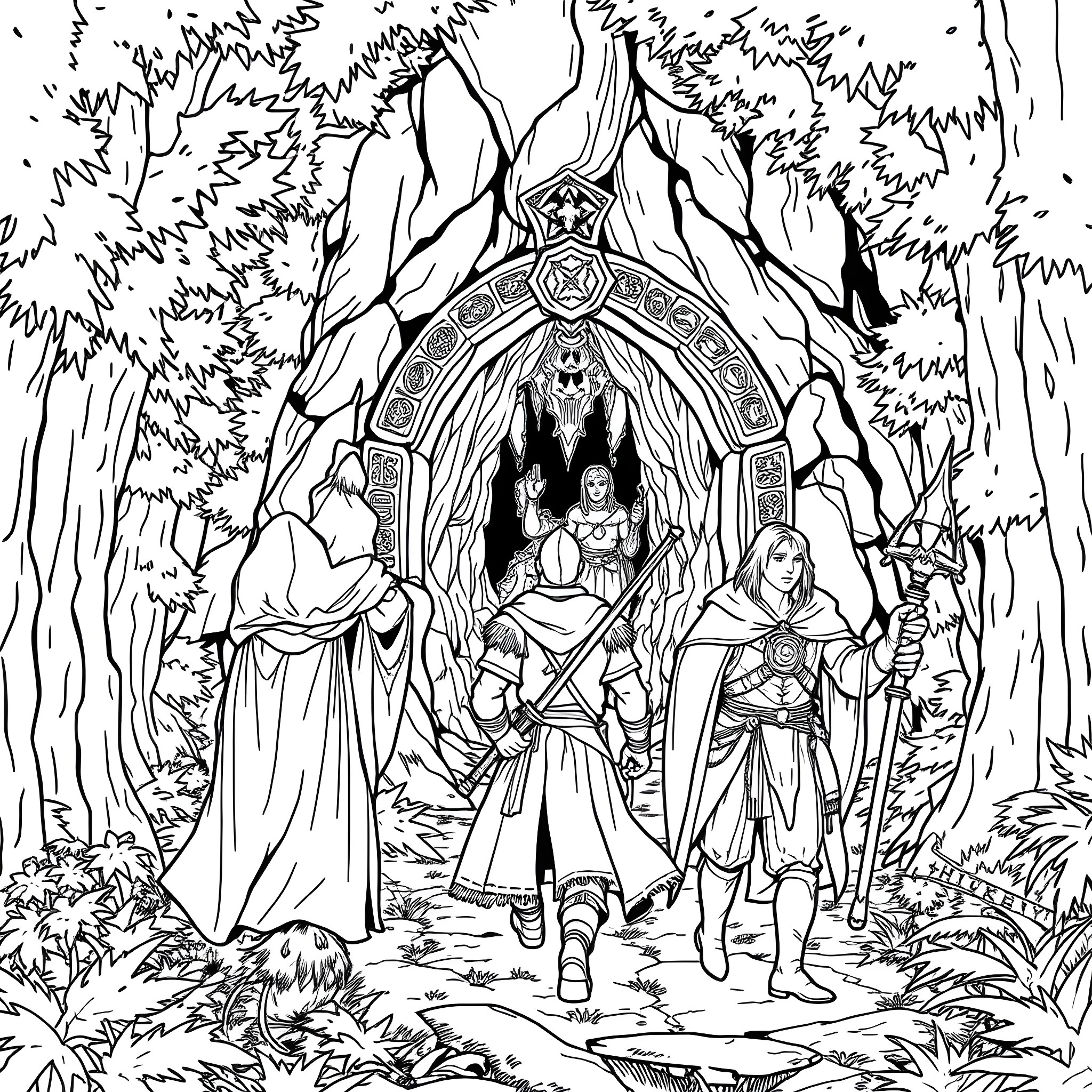 Wizard leads adventurers through enchanted forest Coloring Page (free black-and-white line drawing printable PDF for all, from beginners to advanced learners, including children, teens, adults, and seniors)