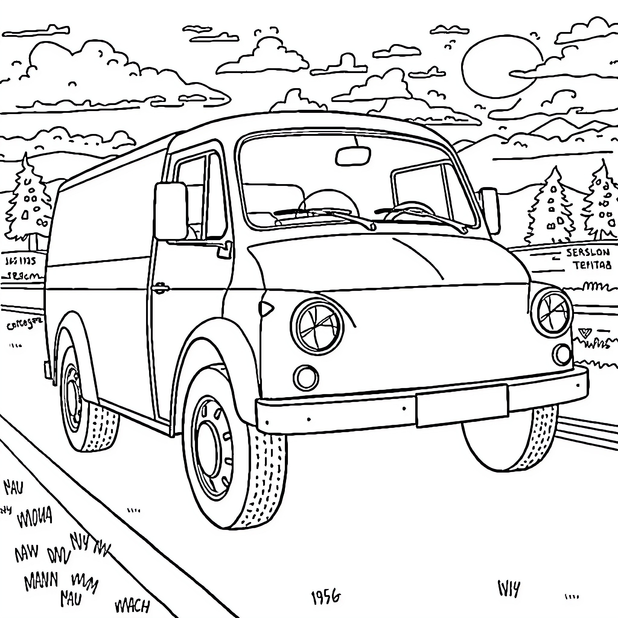Car driving on a scenic road with clouds Coloring Page (free black-and-white line drawing printable PDF for all, from beginners to advanced learners, including children, teens, adults, and seniors)