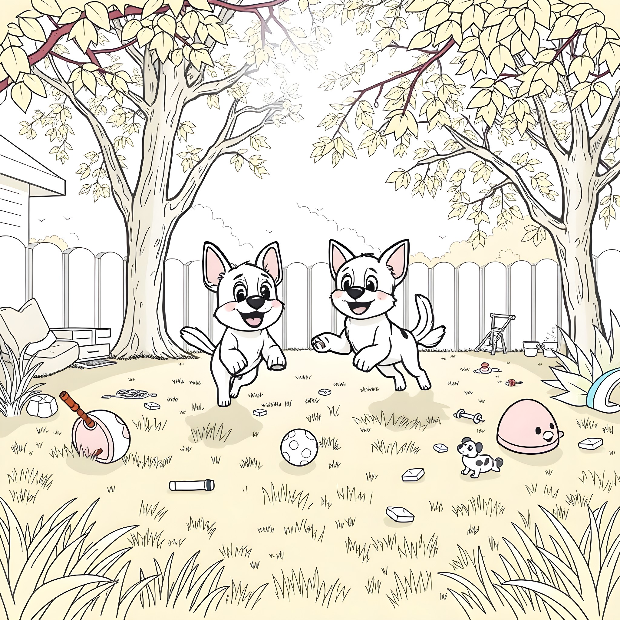 Bluey and Bingo playing in the backyard Coloring Page (free black-and-white line drawing printable PDF for all, from beginners to advanced learners, including children, teens, adults, and seniors)