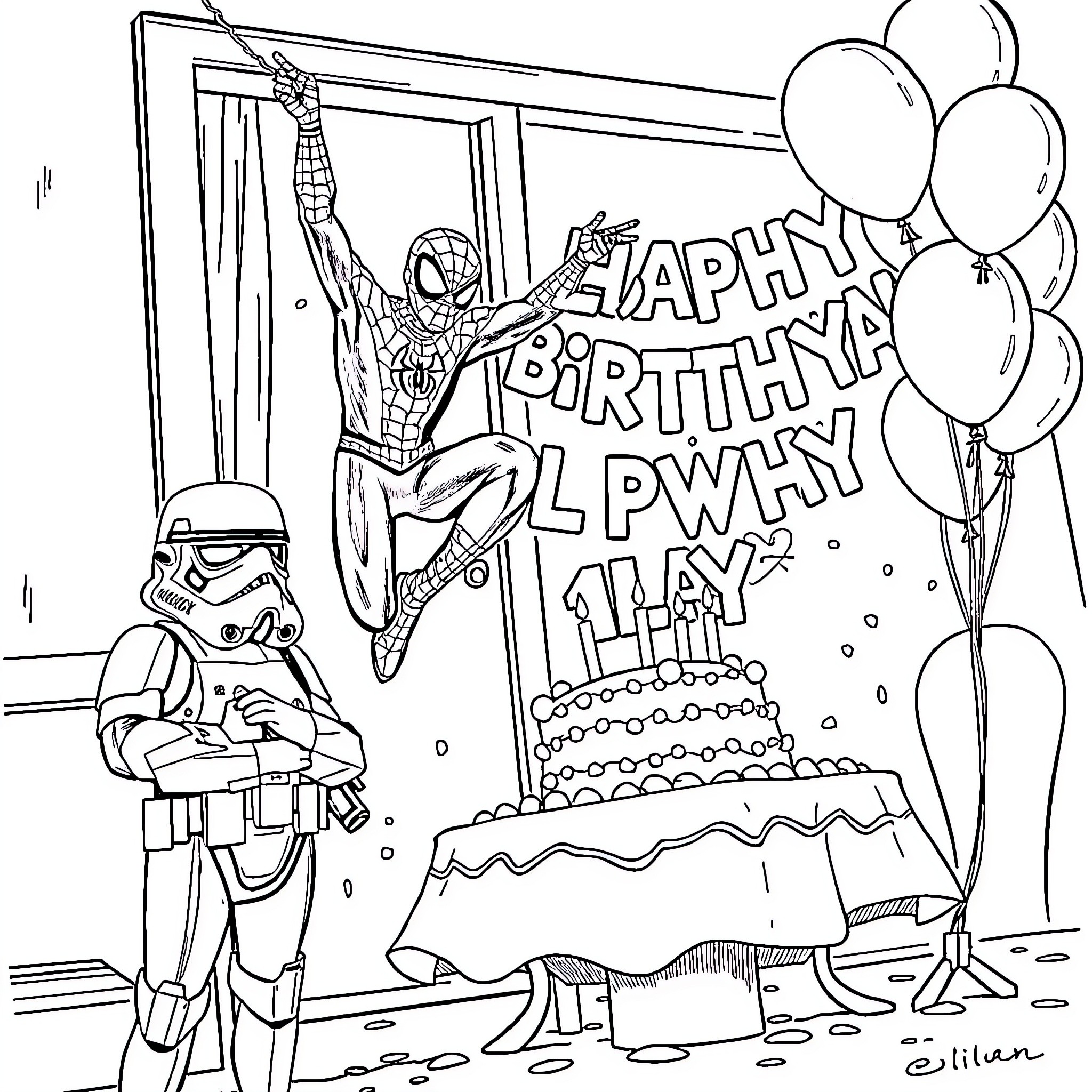Spider-Man celebrates a joyful birthday with a cake and balloons Coloring Page (free black-and-white line drawing printable PDF for all, from beginners to advanced learners, including children, teens, adults, and seniors)