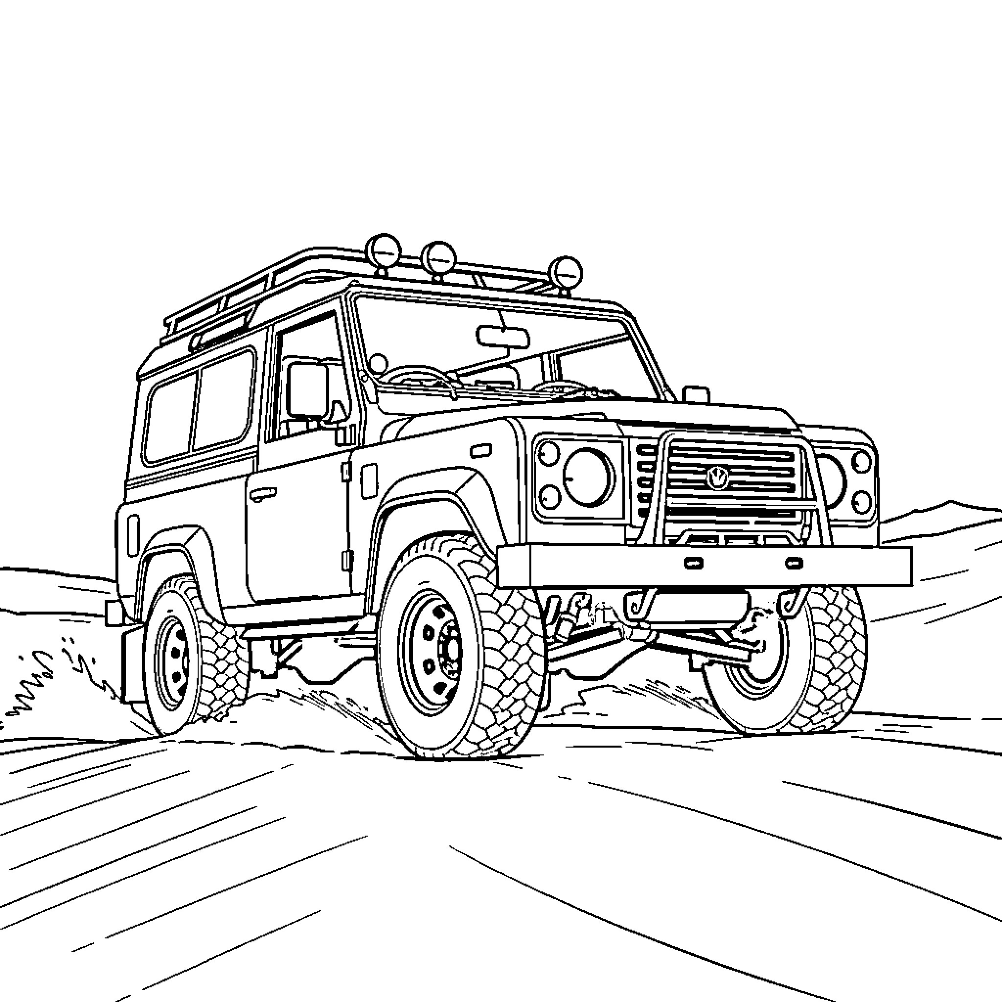 Land Cruiser off-road adventure in the wilderness Coloring Page (free black-and-white line drawing printable PDF for all, from beginners to advanced learners, including children, teens, adults, and seniors)