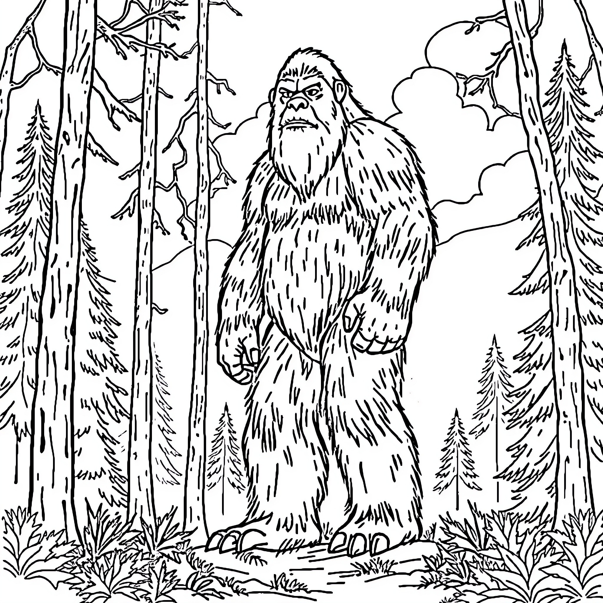 Bigfoot prowling through the misty forest Coloring Page (free black-and-white line drawing printable PDF for all, from beginners to advanced learners, including children, teens, adults, and seniors)