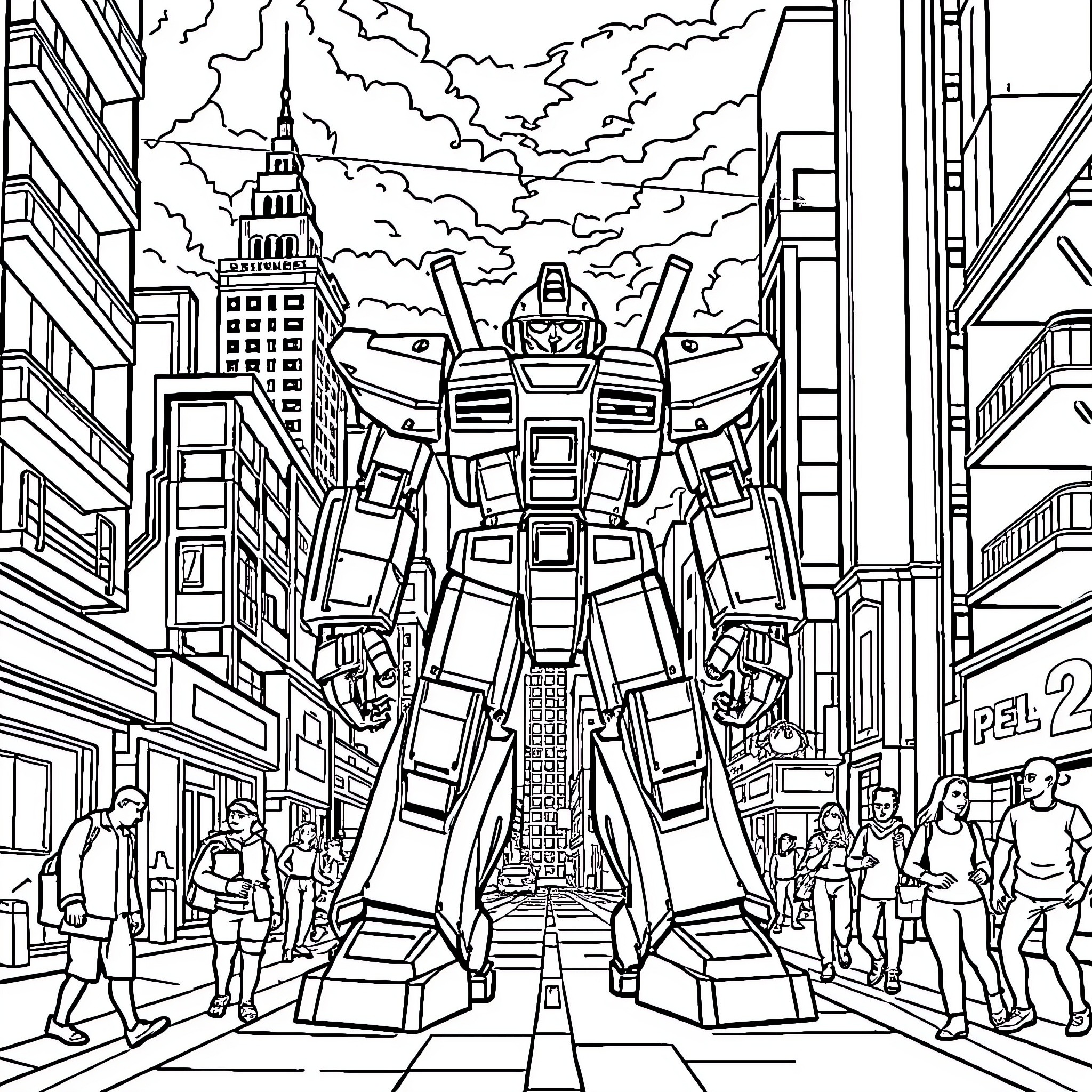 Robot Towering Over City Skyline Coloring Page (free black-and-white line drawing printable PDF for all, from beginners to advanced learners, including children, teens, adults, and seniors)