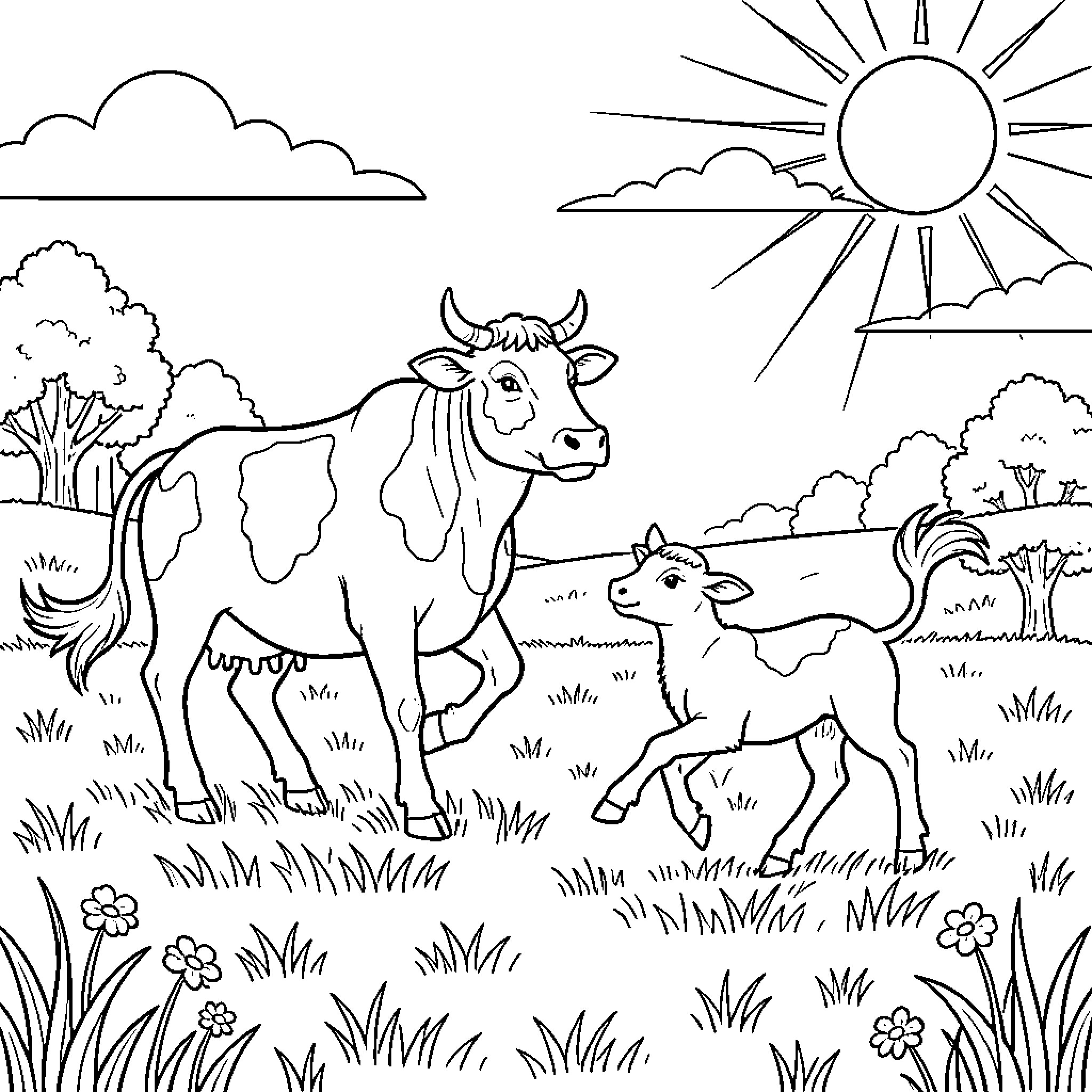 Cow and calf grazing in pastoral meadow Coloring Page (free black-and-white line drawing printable PDF for all, from beginners to advanced learners, including children, teens, adults, and seniors)