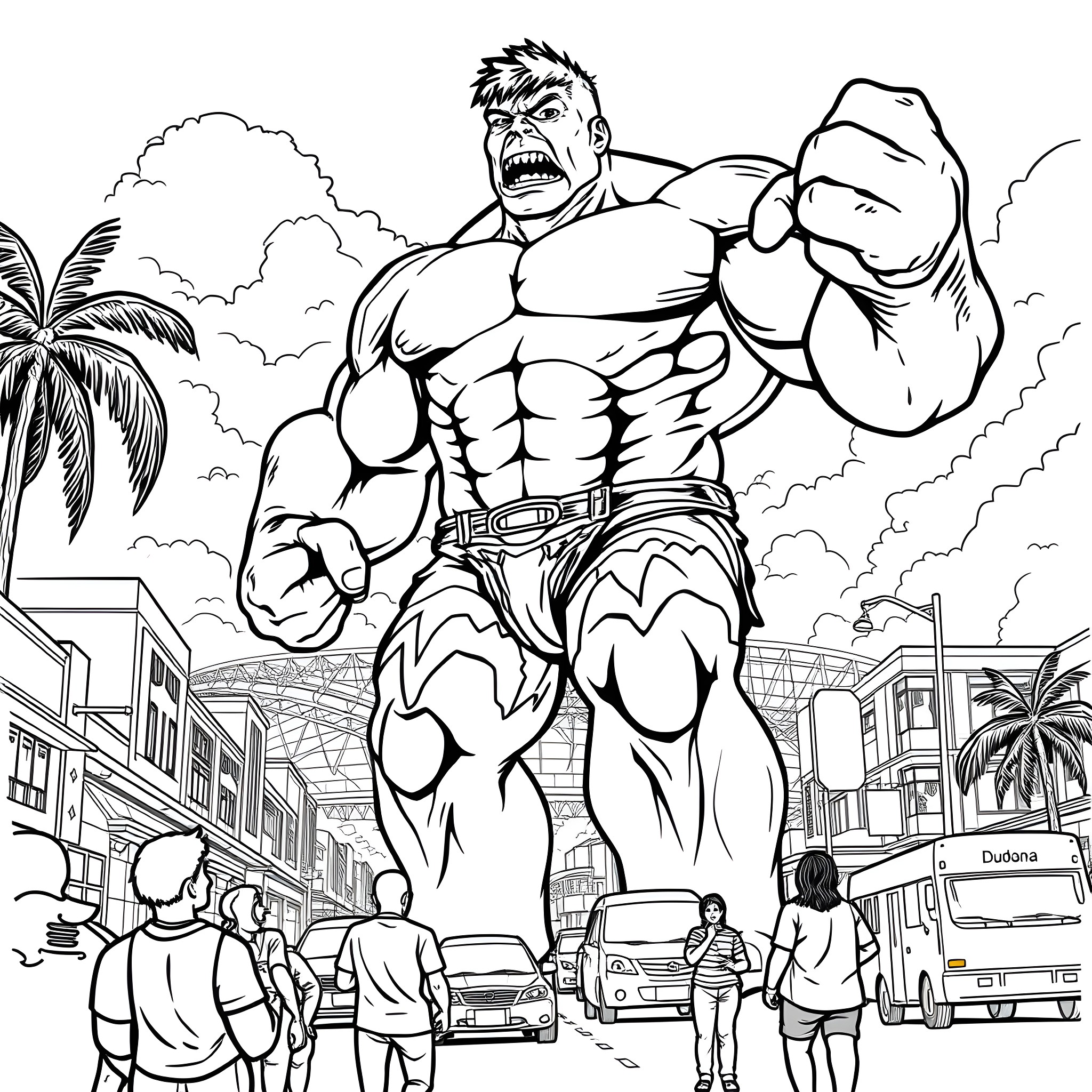 Hulk Unleashing Mighty Roar in Cityscape Coloring Page (free black-and-white line drawing printable PDF for all, from beginners to advanced learners, including children, teens, adults, and seniors)