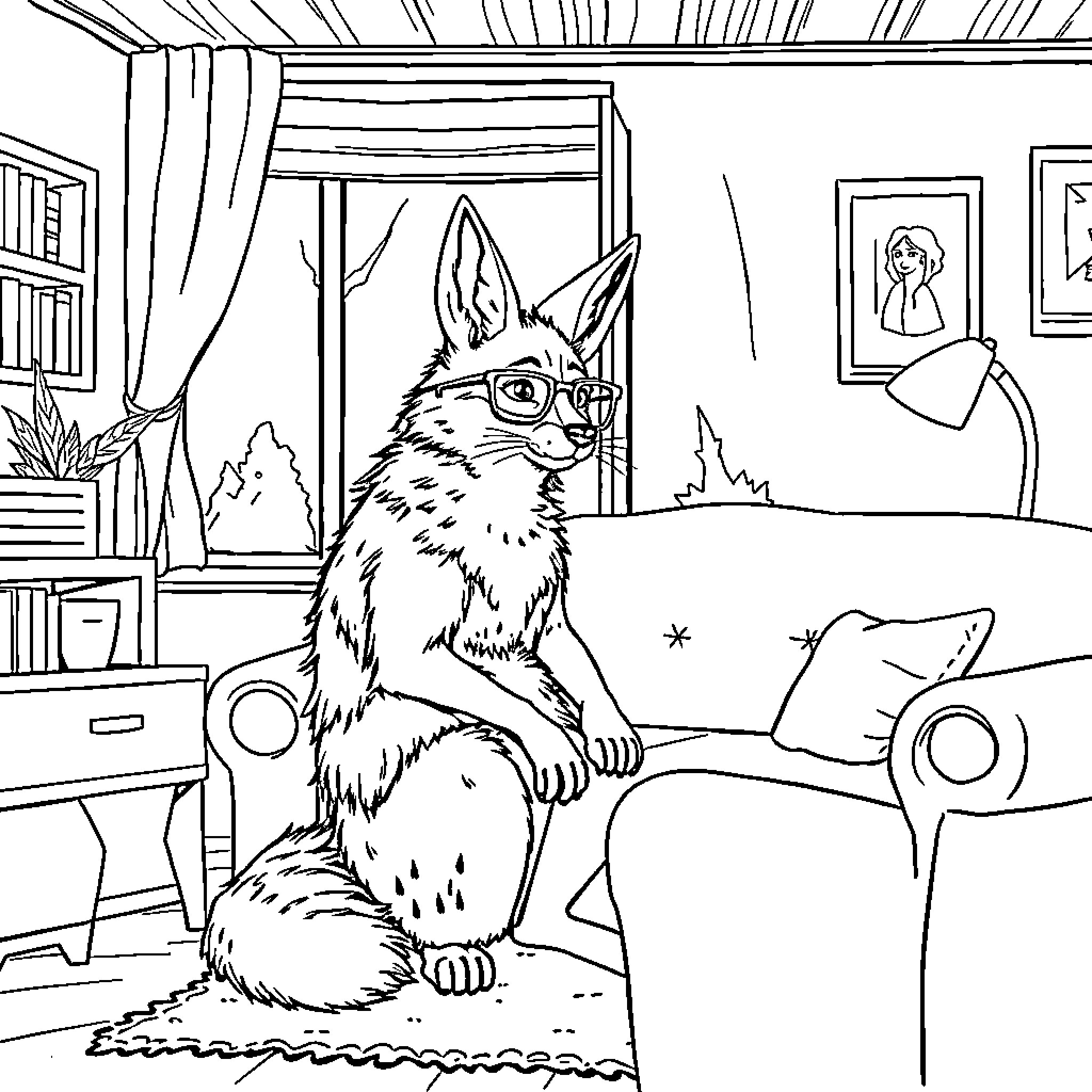 Coyote reading a book in a cozy living room Coloring Page (free black-and-white line drawing printable PDF for all, from beginners to advanced learners, including children, teens, adults, and seniors)
