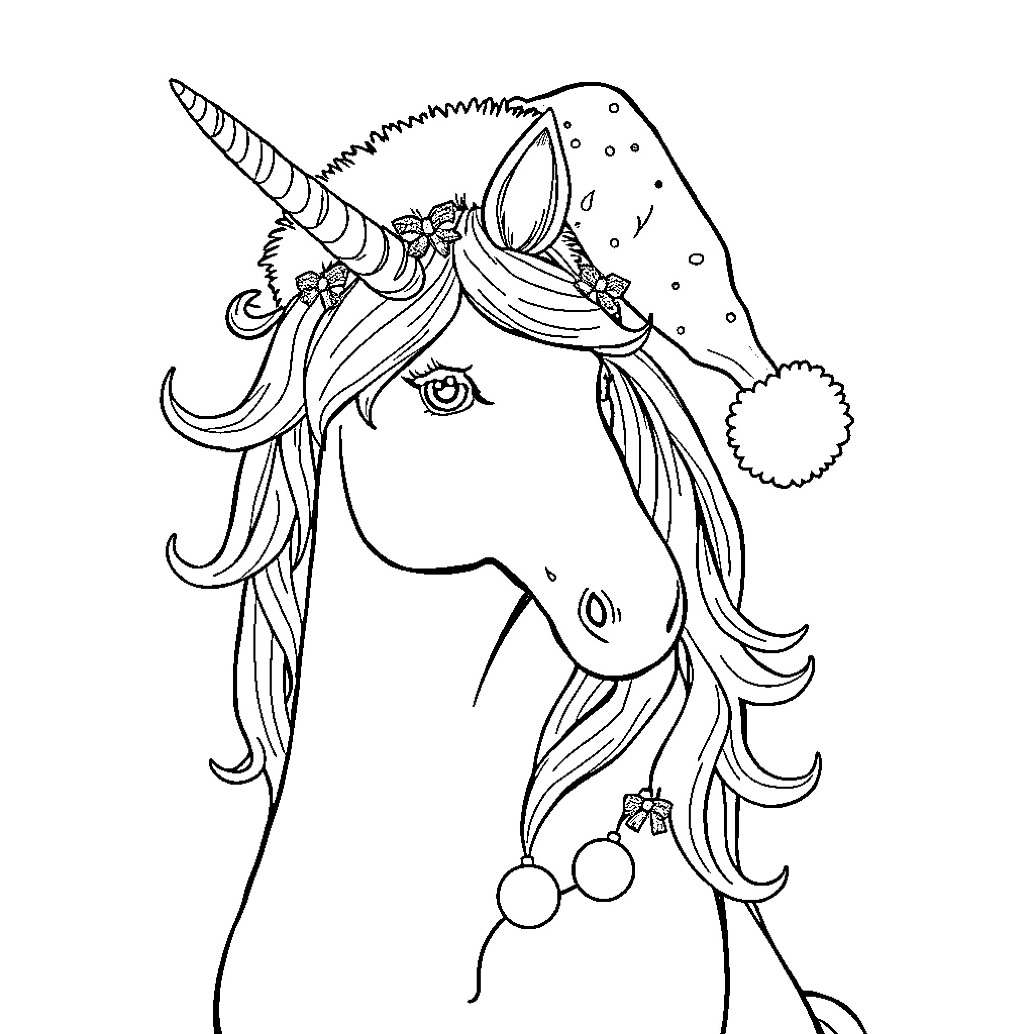 Unicorn with whimsical accessories and flowing hair Coloring Page (free black-and-white line drawing printable PDF for all, from beginners to advanced learners, including children, teens, adults, and seniors)