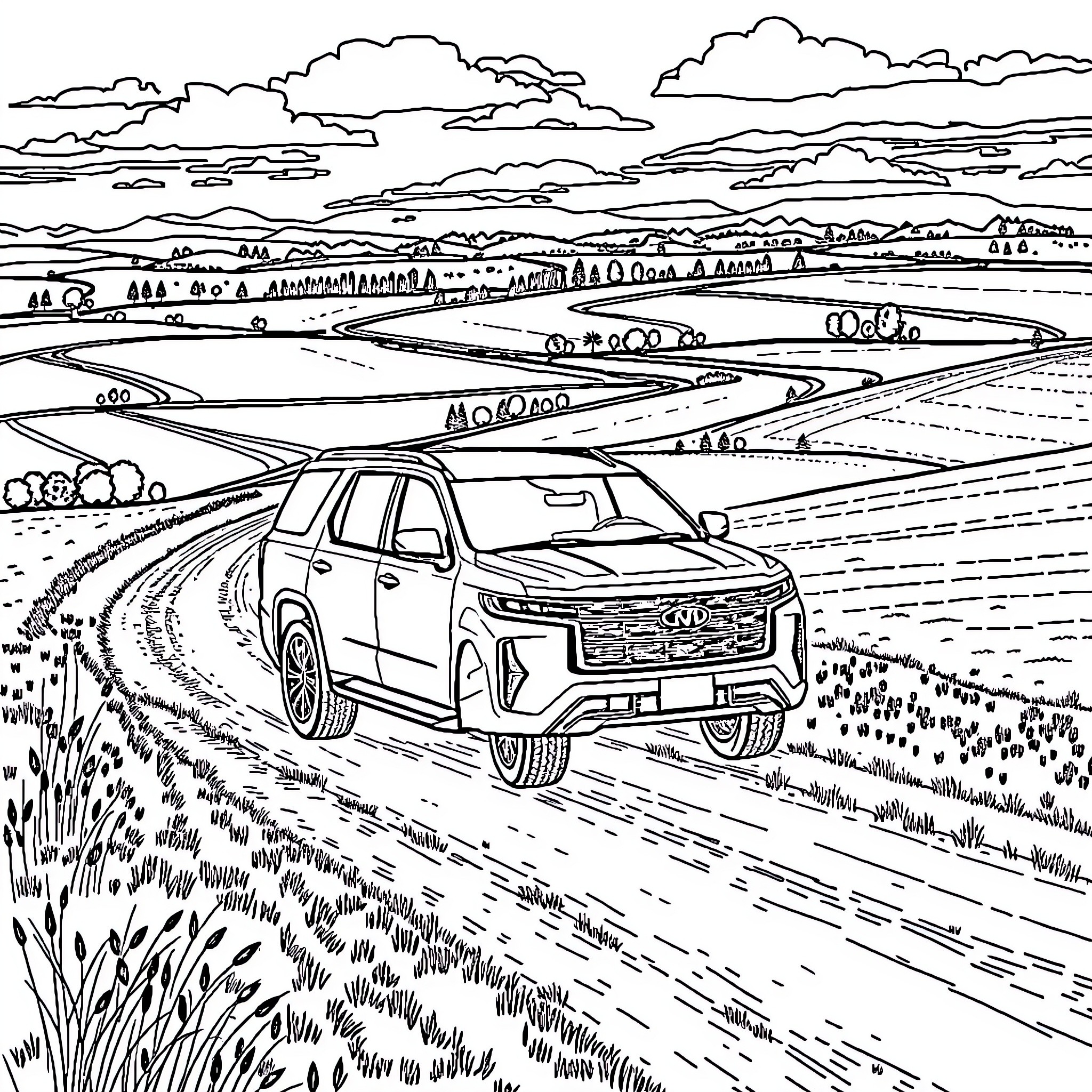 Tahoe SUV traversing winding roads through scenic landscape Coloring Page (free black-and-white line drawing printable PDF for all, from beginners to advanced learners, including children, teens, adults, and seniors)