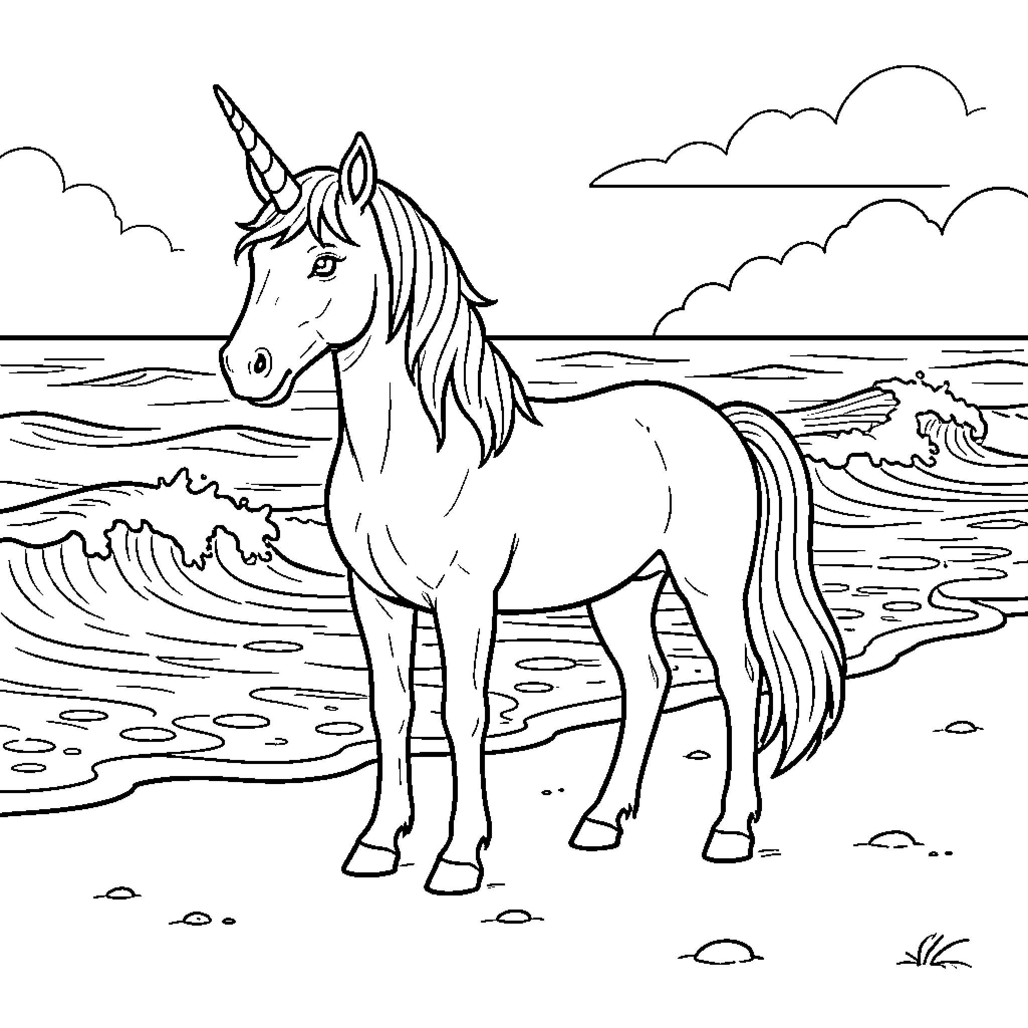 Unicorn standing peacefully on a sandy beach Coloring Page (free black-and-white line drawing printable PDF for all, from beginners to advanced learners, including children, teens, adults, and seniors)