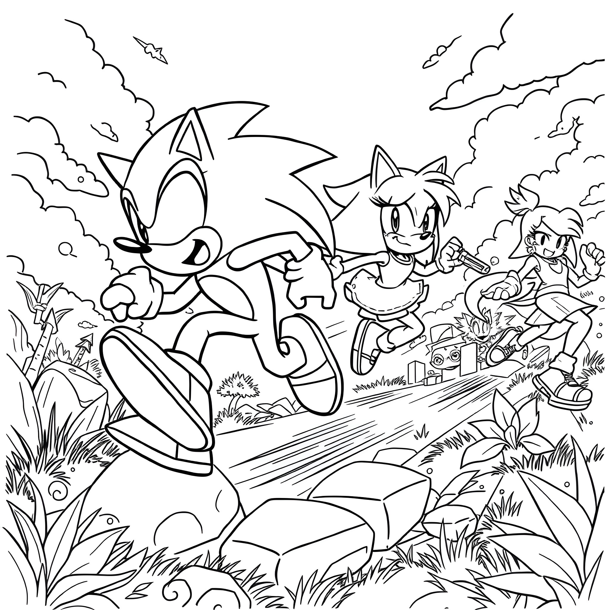Sonic and friends embarking on an adventure in the wilderness Coloring Page (free black-and-white line drawing printable PDF for all, from beginners to advanced learners, including children, teens, adults, and seniors)