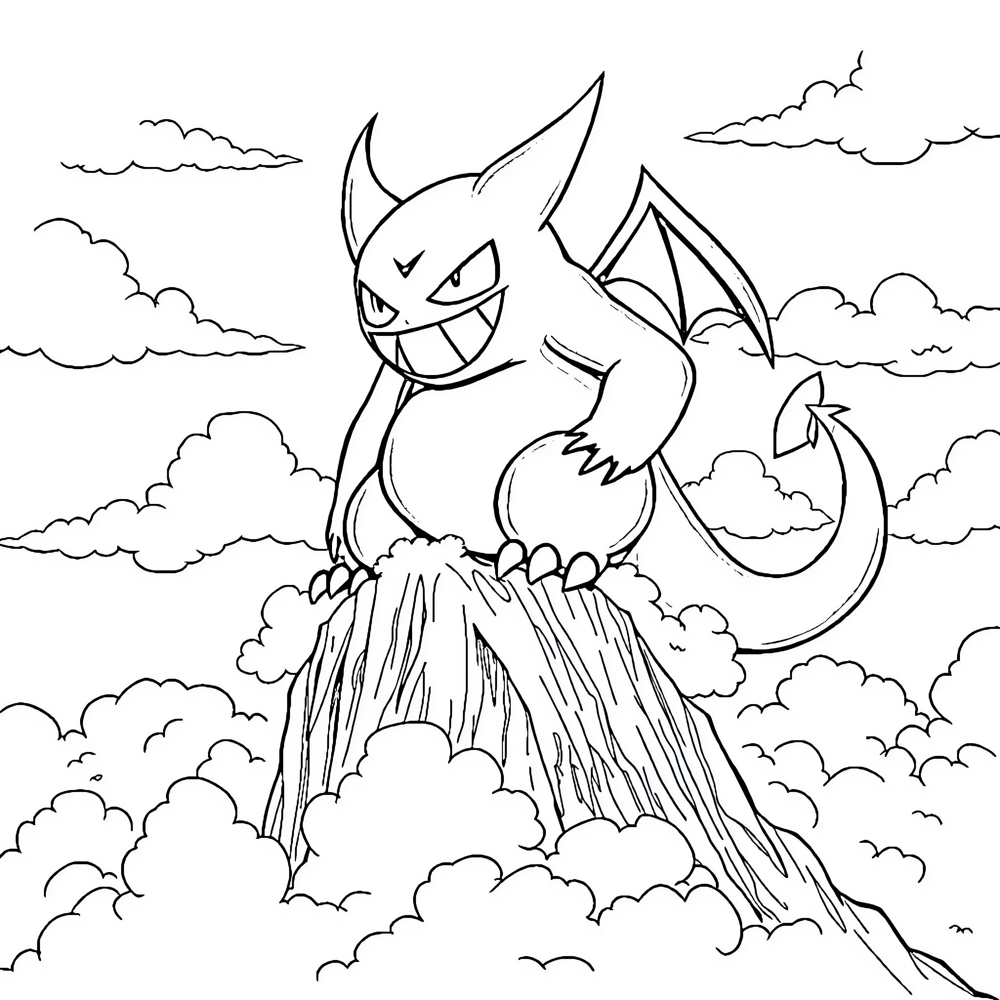 Gengar erupting from clouds with fury Coloring Page (free black-and-white line drawing printable PDF for all, from beginners to advanced learners, including children, teens, adults, and seniors)