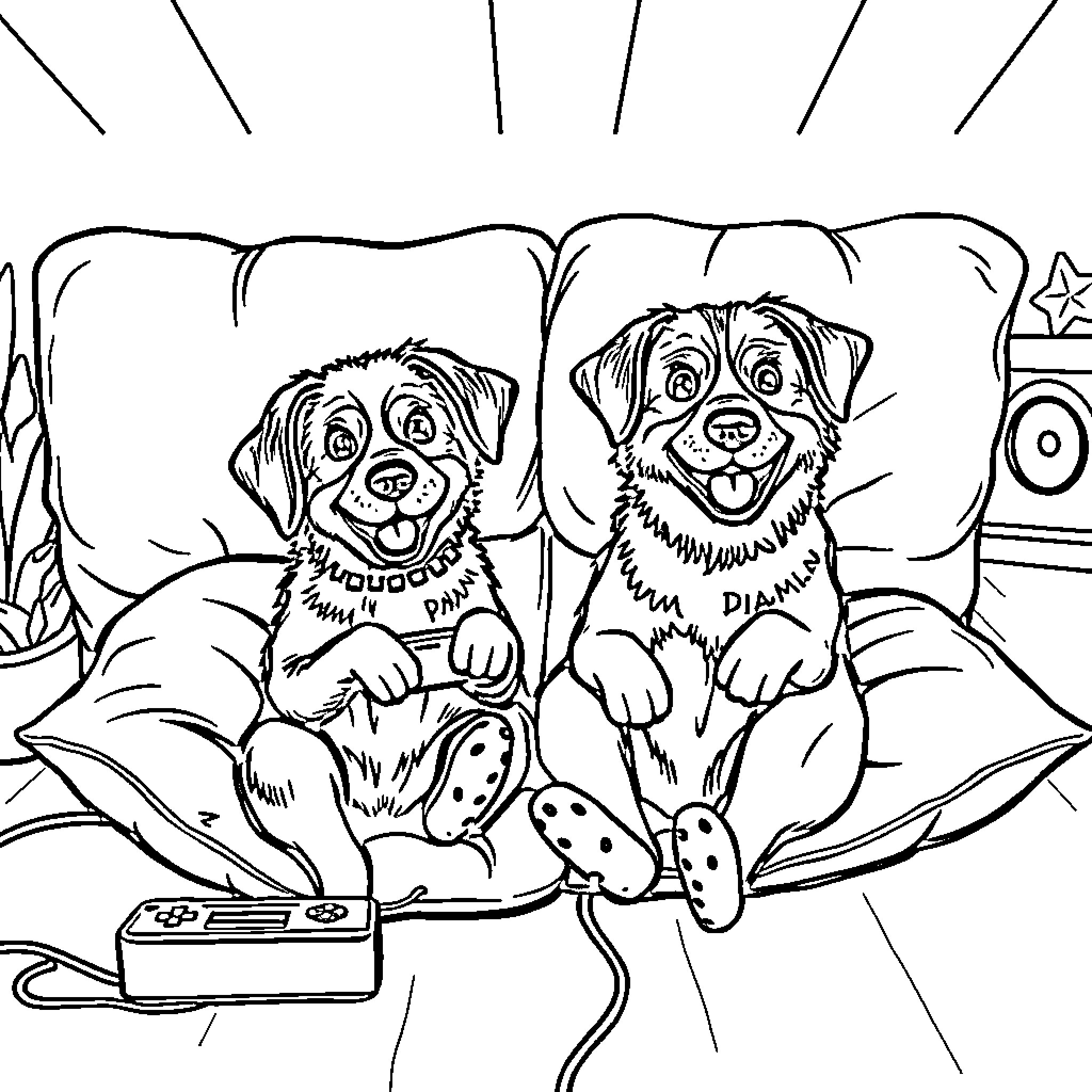 Dog friends playing video games on couch Coloring Page (free black-and-white line drawing printable PDF for all, from beginners to advanced learners, including children, teens, adults, and seniors)