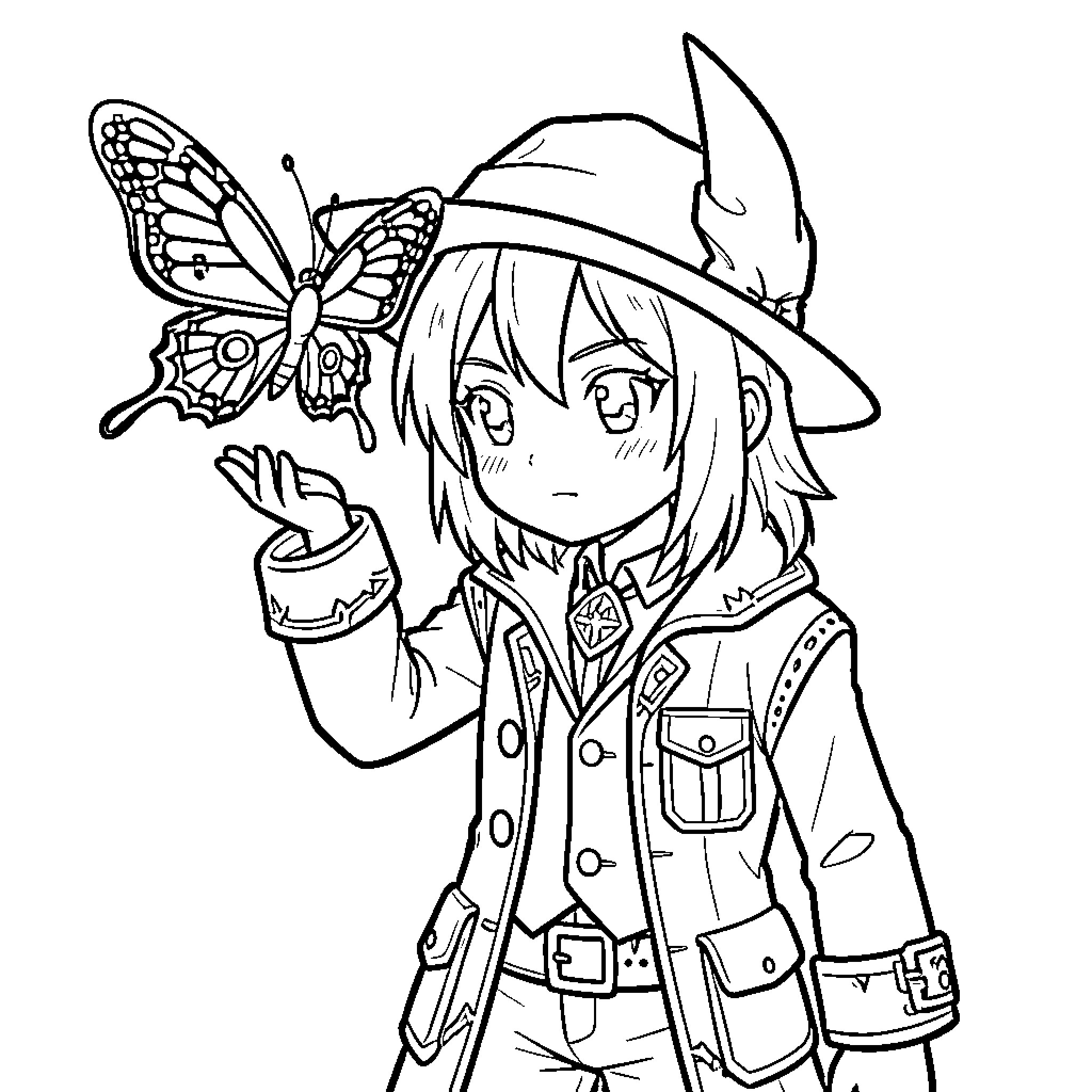 Caballero on a Whimsical Adventure with a Butterfly Coloring Page (free black-and-white line drawing printable PDF for all, from beginners to advanced learners, including children, teens, adults, and seniors)