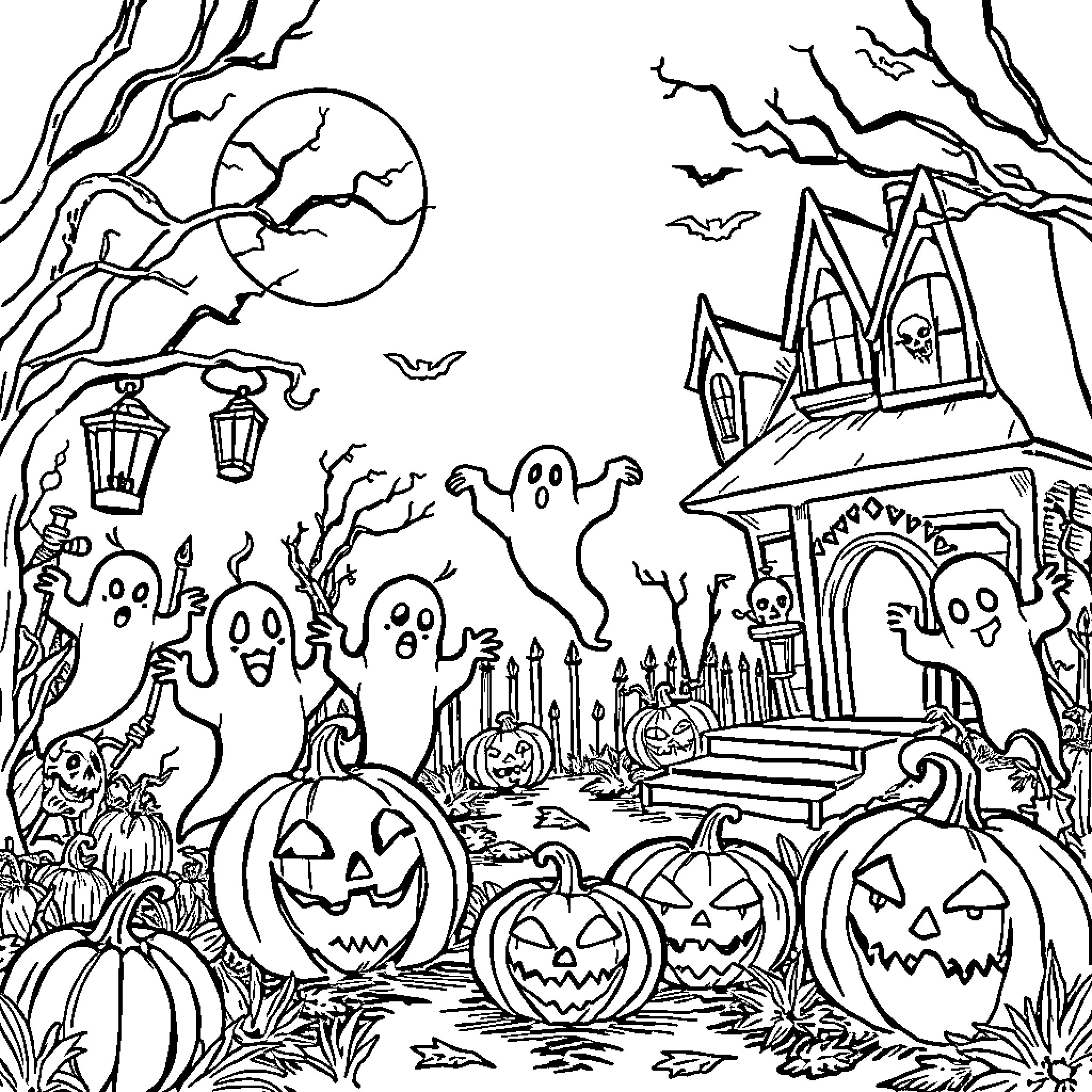 Halloween haunted house with spooky characters Coloring Page (free black-and-white line drawing printable PDF for all, from beginners to advanced learners, including children, teens, adults, and seniors)