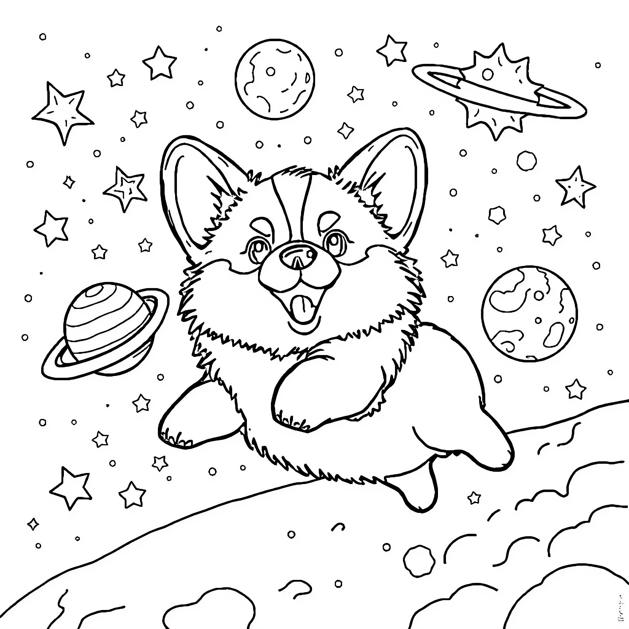 Corgi exploring the wonders of the cosmos Coloring Page (free black-and-white line drawing printable PDF for all, from beginners to advanced learners, including children, teens, adults, and seniors)