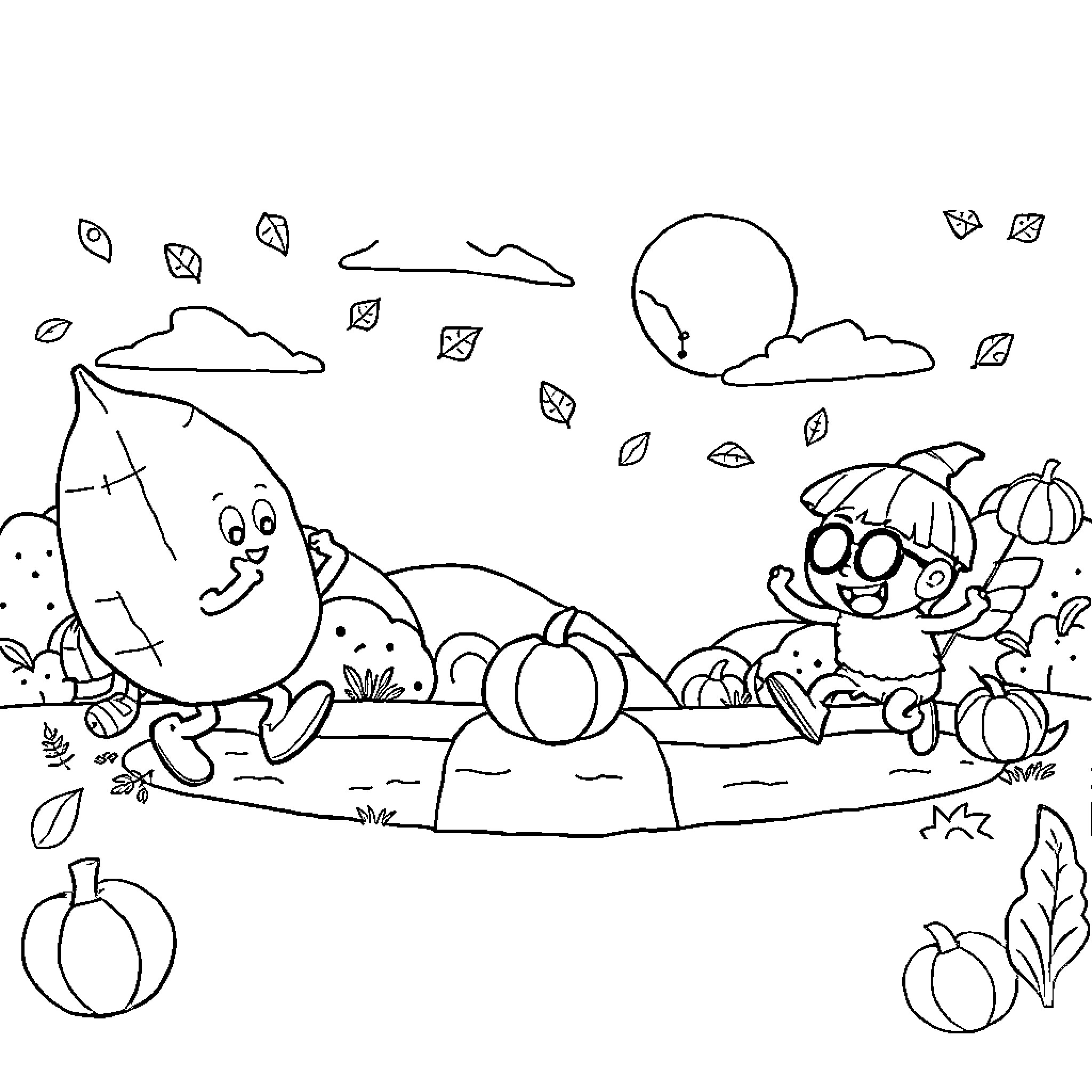 Fall Guy in Autumn Adventure Coloring Page (free black-and-white line drawing printable PDF for all, from beginners to advanced learners, including children, teens, adults, and seniors)