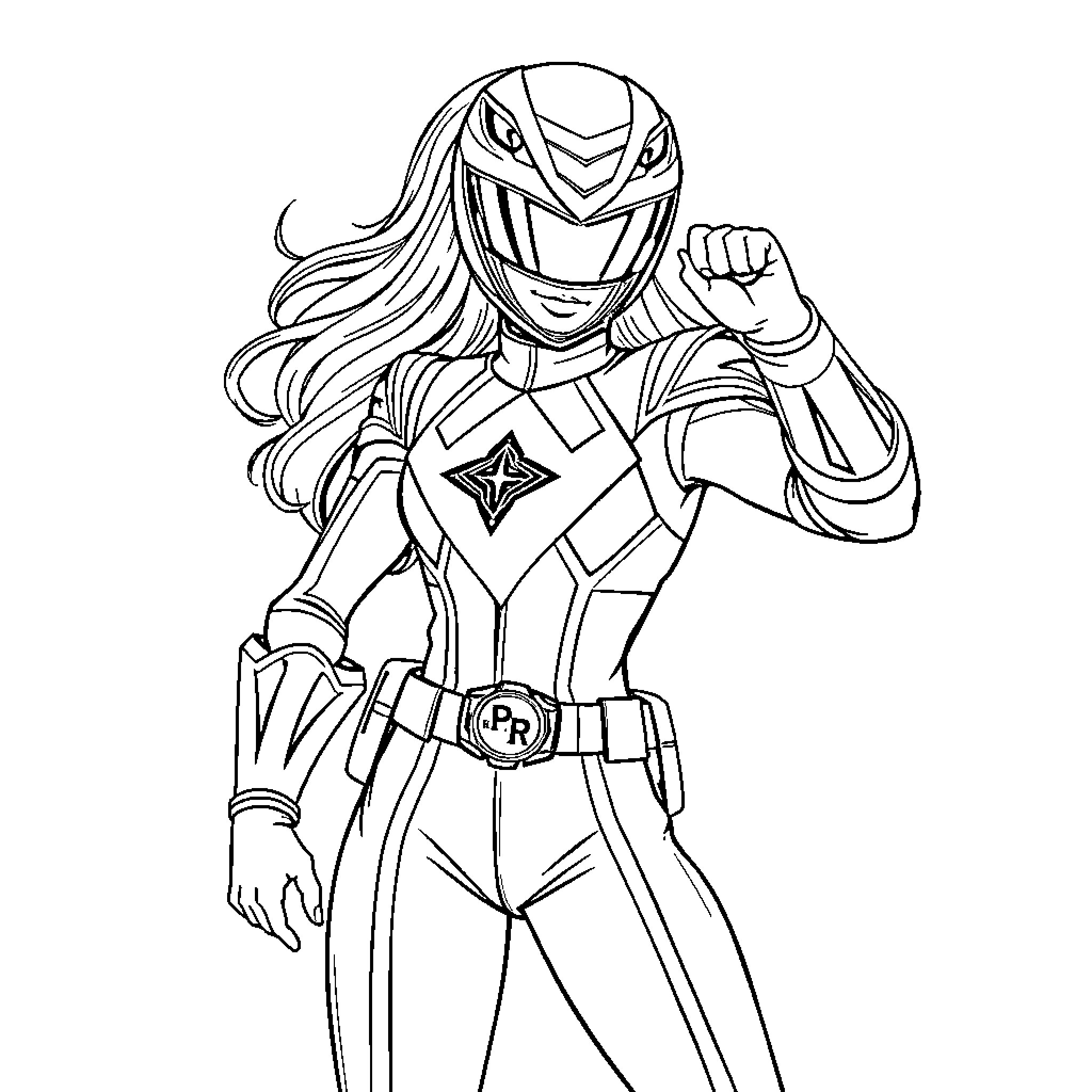 Power Ranger heroic pose with armored attire Coloring Page (free black-and-white line drawing printable PDF for all, from beginners to advanced learners, including children, teens, adults, and seniors)