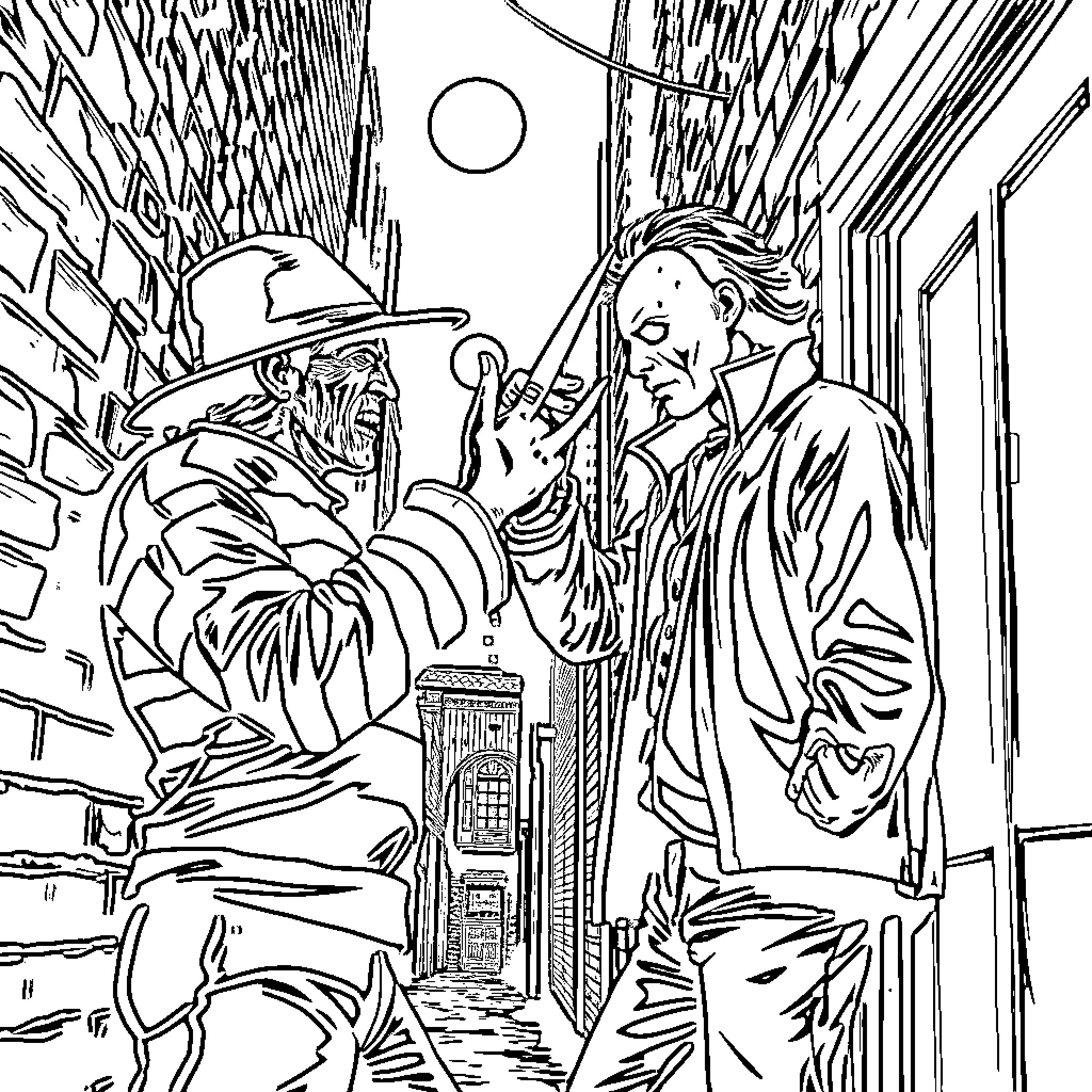 Freddy Krueger's Haunting Encounter in the Alley Coloring Page (free black-and-white line drawing printable PDF for all, from beginners to advanced learners, including children, teens, adults, and seniors)