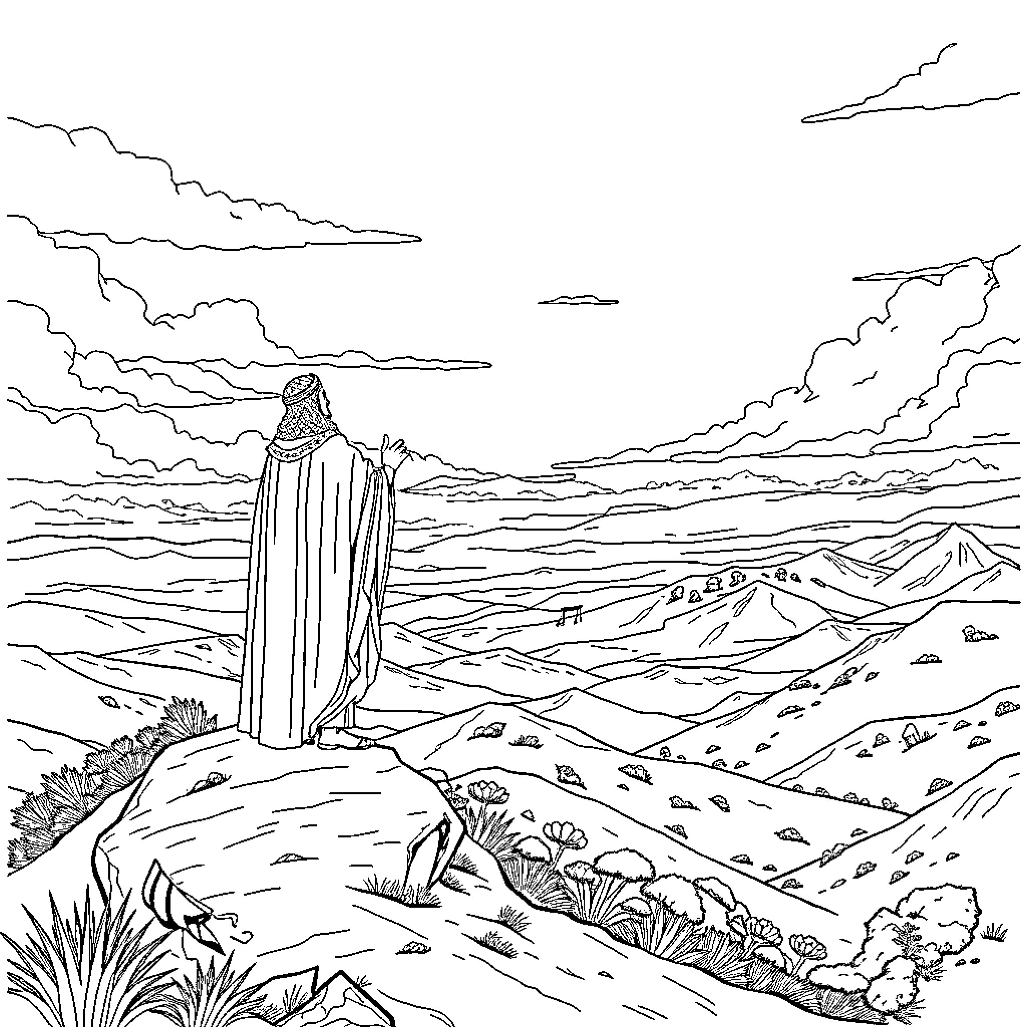 King in the Vast Desert Landscape Coloring Page (free black-and-white line drawing printable PDF for all, from beginners to advanced learners, including children, teens, adults, and seniors)