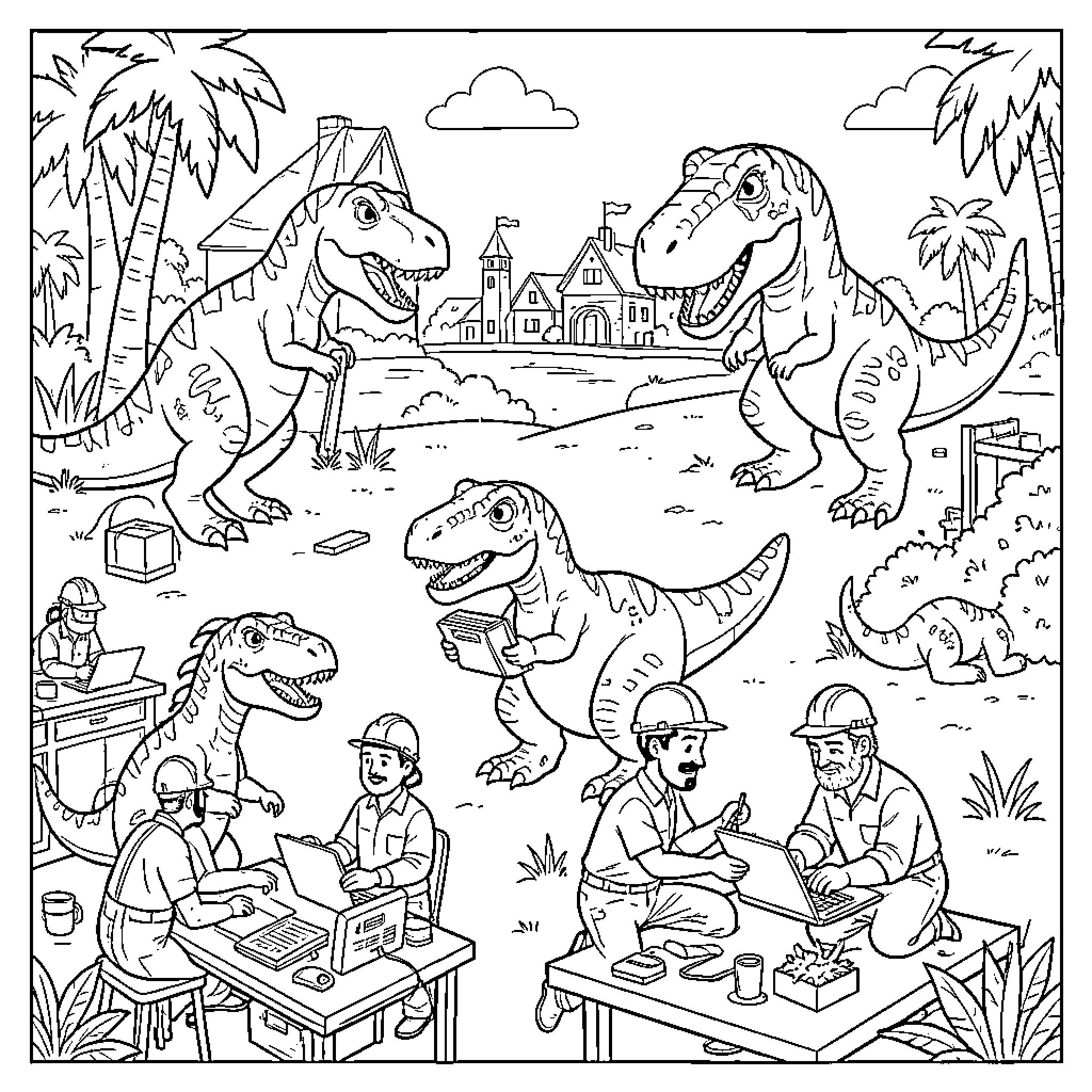Dinosaur workers busy with various tasks in a village Coloring Page (free black-and-white line drawing printable PDF for all, from beginners to advanced learners, including children, teens, adults, and seniors)