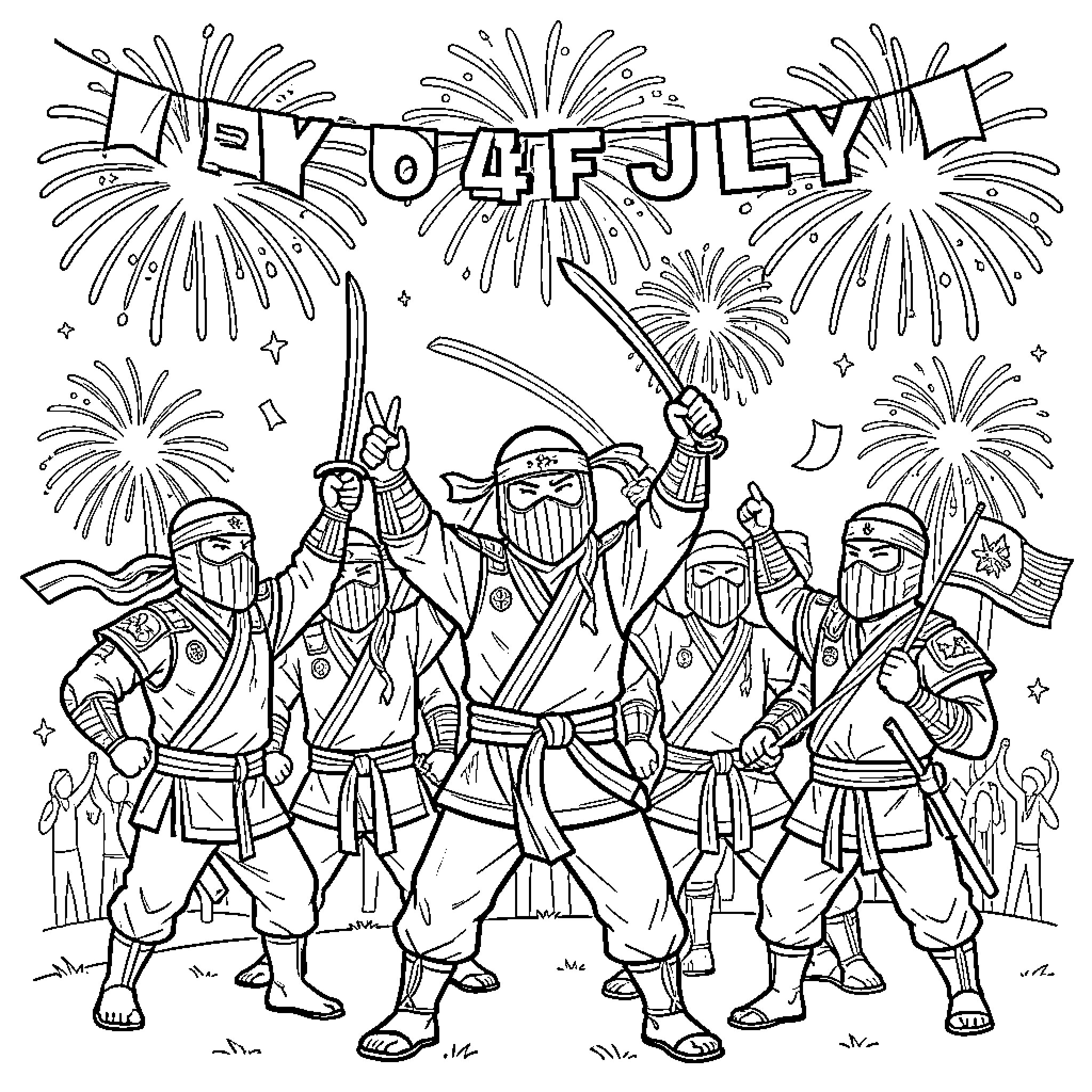 Ninja celebrating joyfully with swords under fireworks Coloring Page (free black-and-white line drawing printable PDF for all, from beginners to advanced learners, including children, teens, adults, and seniors)