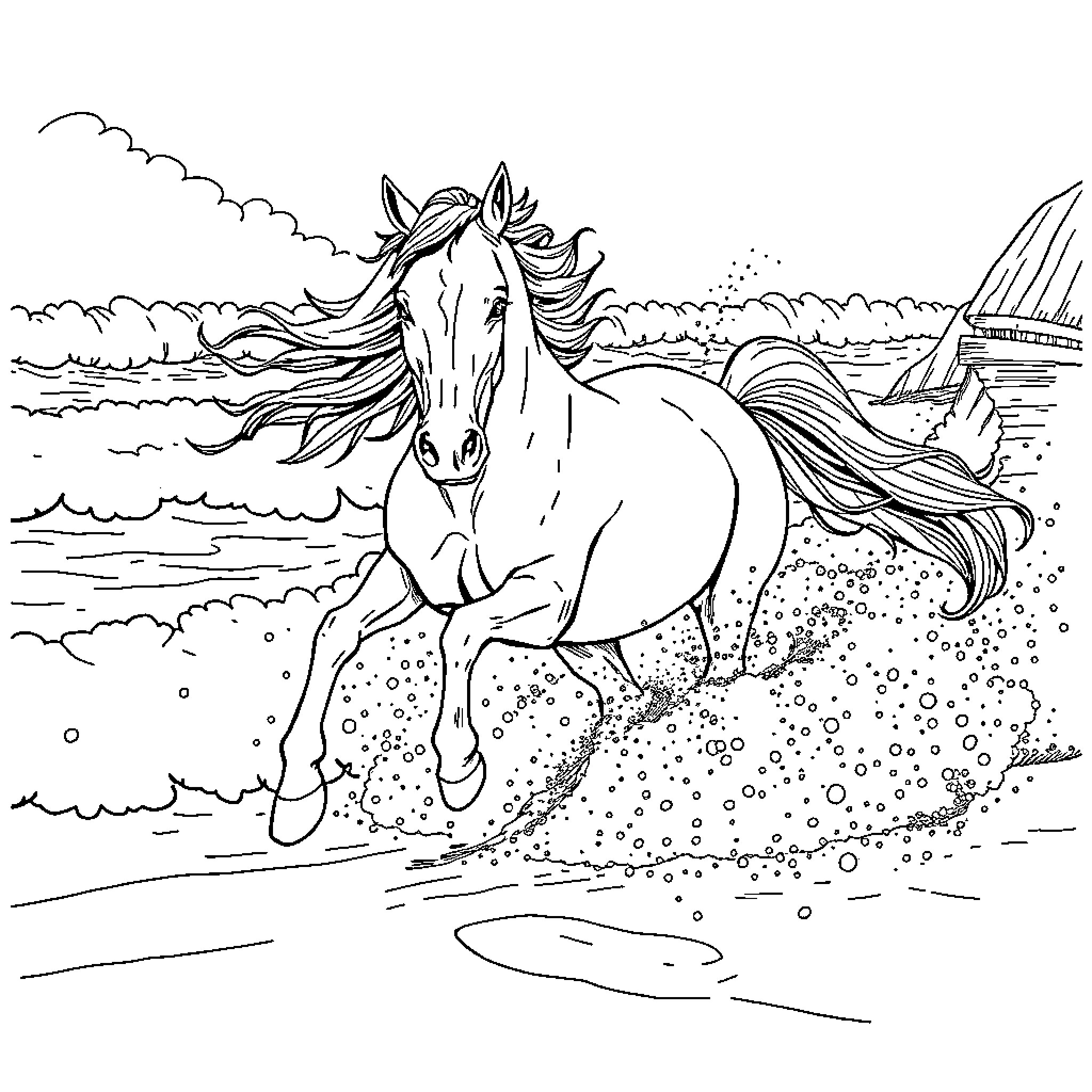 Horse galloping freely through the countryside Coloring Page (free black-and-white line drawing printable PDF for all, from beginners to advanced learners, including children, teens, adults, and seniors)