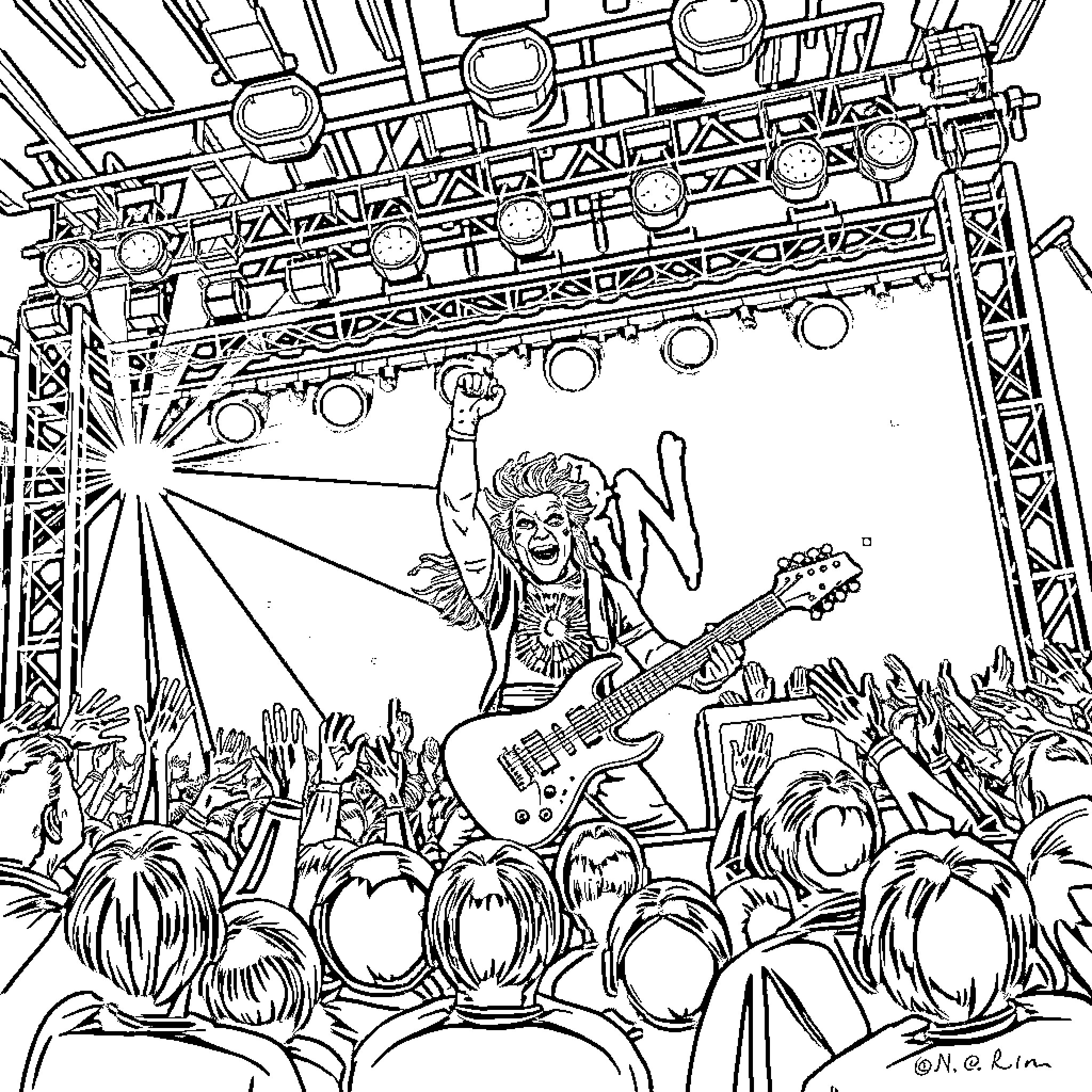 Korn Performing on Stage at a Music Festival Coloring Page (free black-and-white line drawing printable PDF for all, from beginners to advanced learners, including children, teens, adults, and seniors)