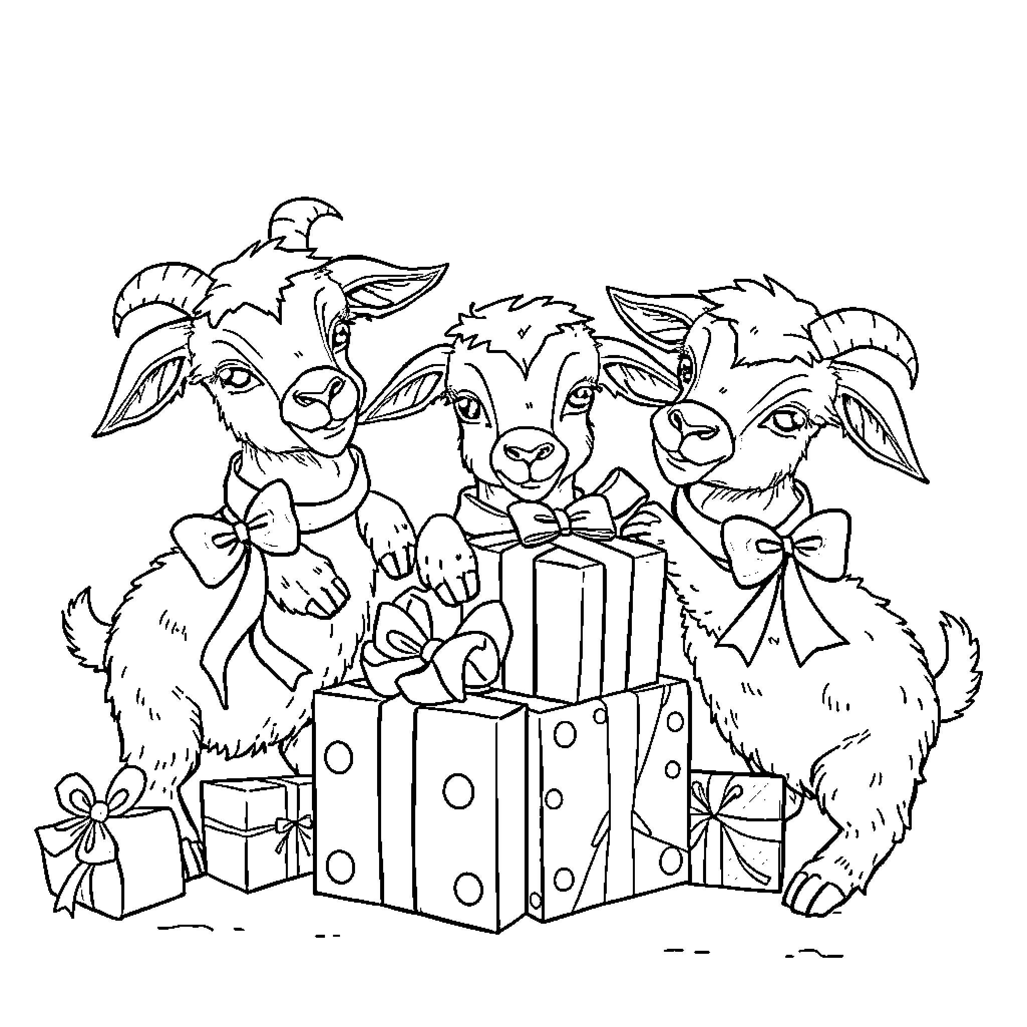 Goats gathered around festive gift boxes Coloring Page (free black-and-white line drawing printable PDF for all, from beginners to advanced learners, including children, teens, adults, and seniors)