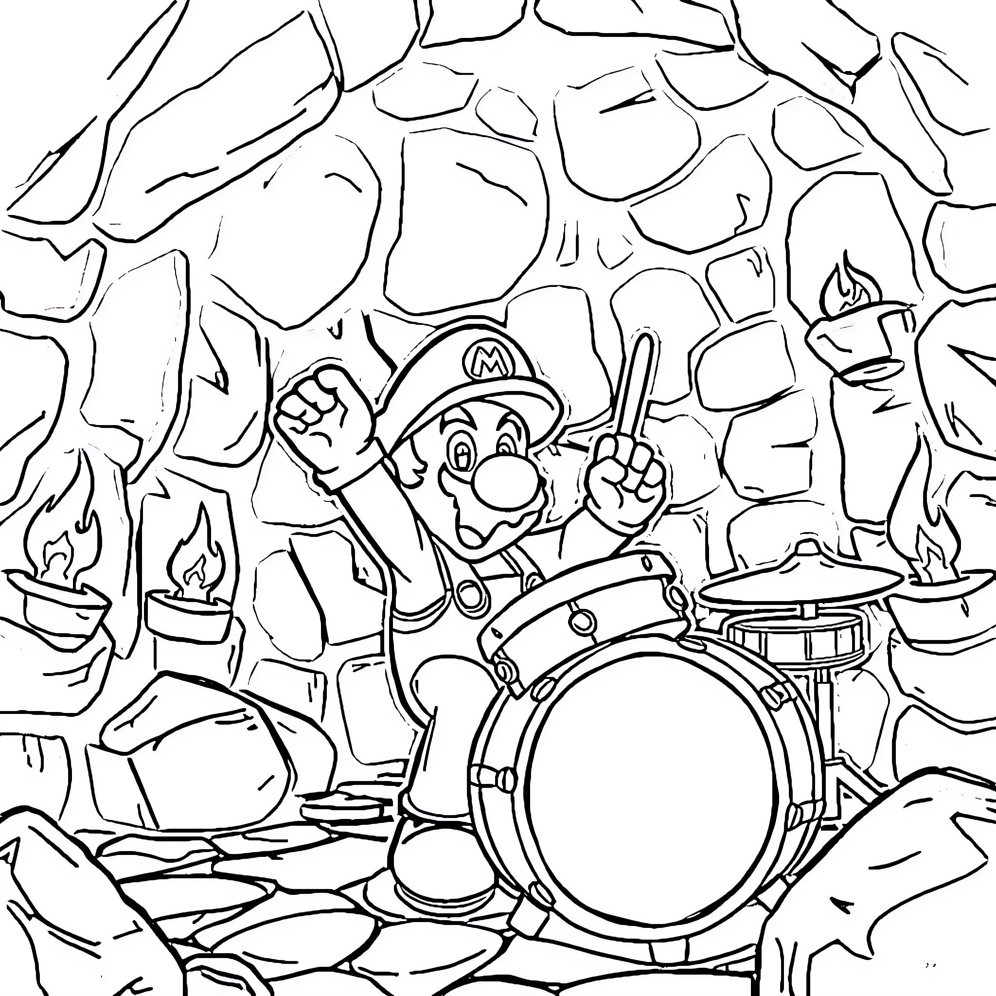 Super Mario Rocks Out on the Drums Coloring Page (free black-and-white line drawing printable PDF for all, from beginners to advanced learners, including children, teens, adults, and seniors)