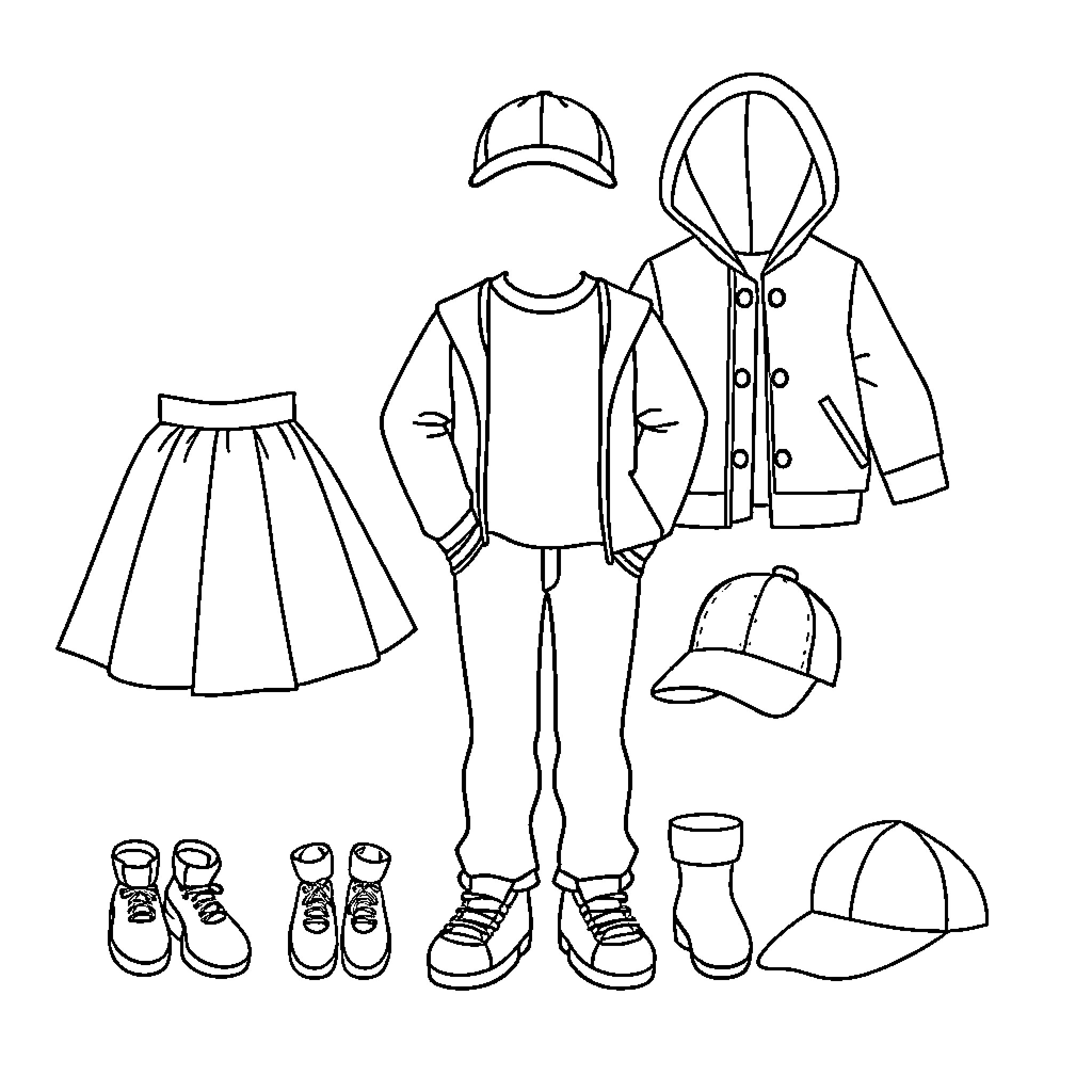 Clothing items and accessories for kids Coloring Page (free black-and-white line drawing printable PDF for all, from beginners to advanced learners, including children, teens, adults, and seniors)