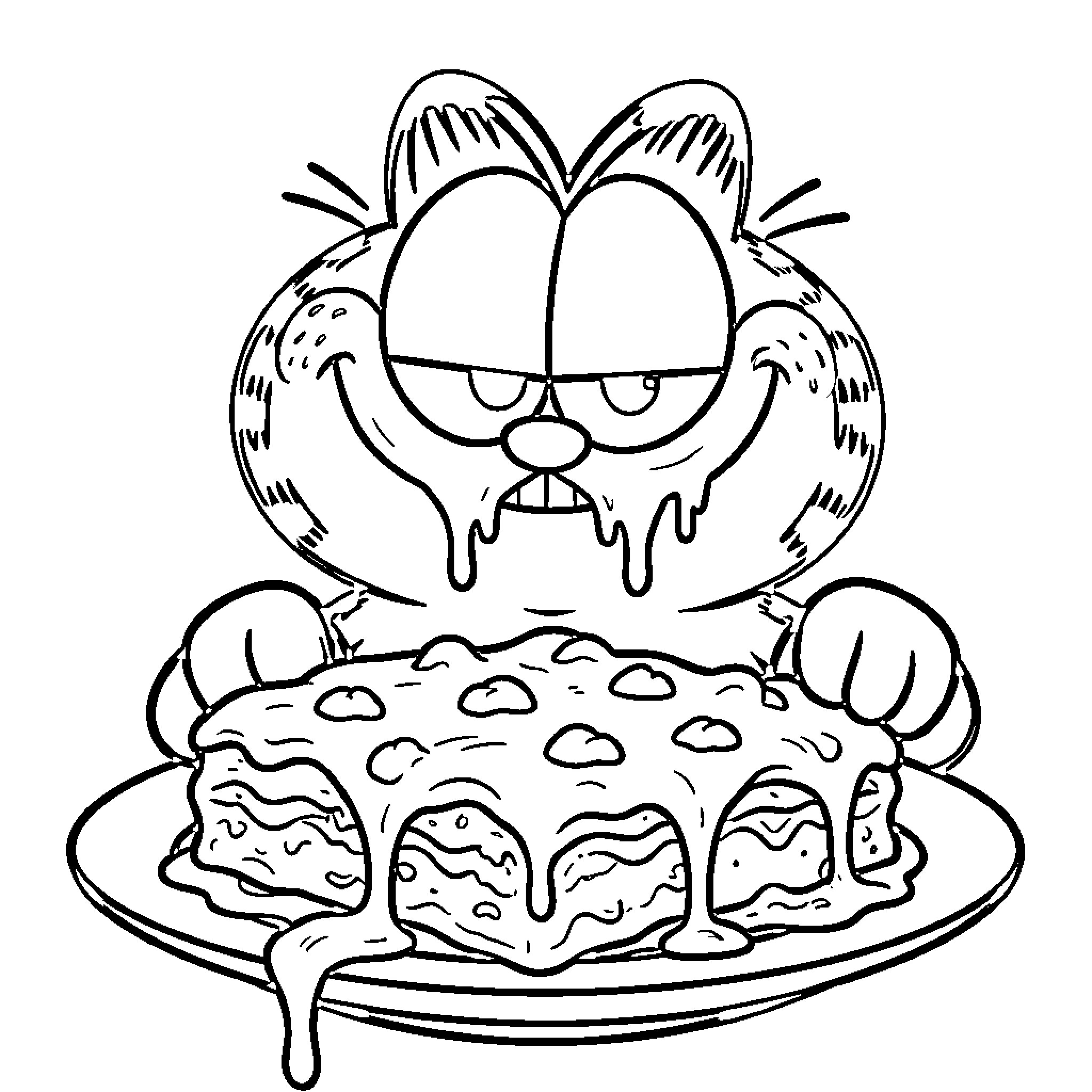 Garfield indulging in a messy lasagna Coloring Page (free black-and-white line drawing printable PDF for all, from beginners to advanced learners, including children, teens, adults, and seniors)