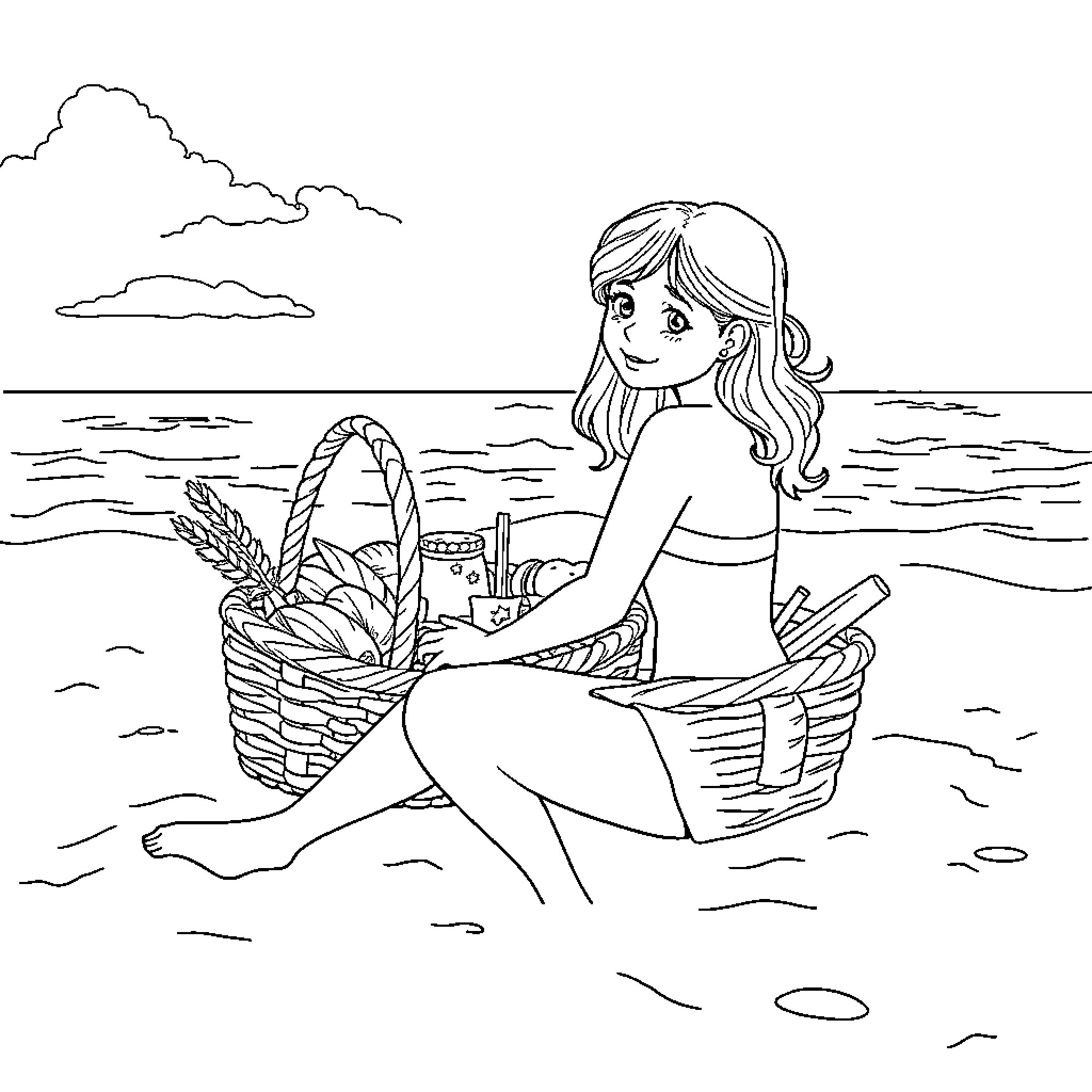Girl enjoying a picnic on the beach Coloring Page (free black-and-white line drawing printable PDF for all, from beginners to advanced learners, including children, teens, adults, and seniors)