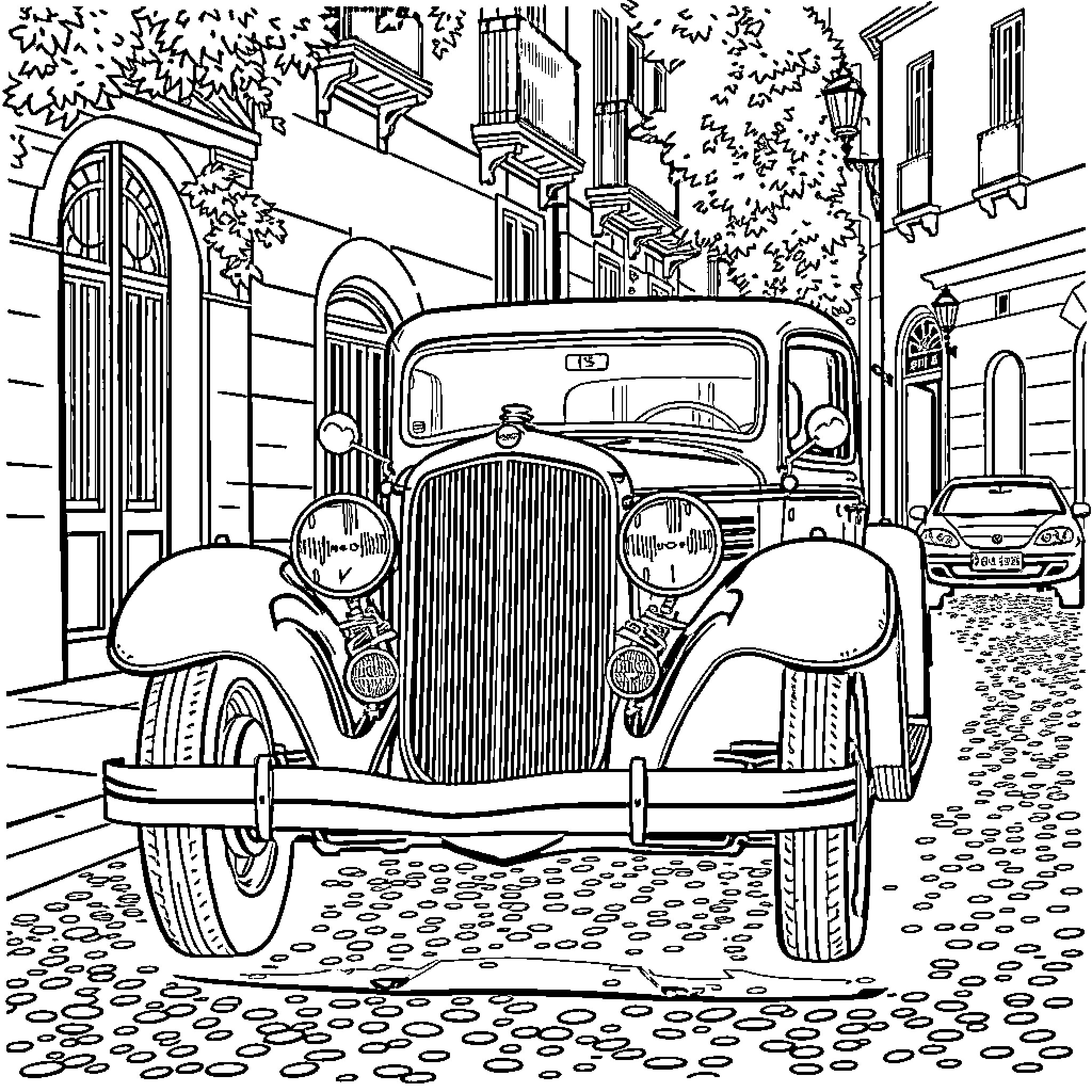 Car parked on a city street with architectural details Coloring Page (free black-and-white line drawing printable PDF for all, from beginners to advanced learners, including children, teens, adults, and seniors)