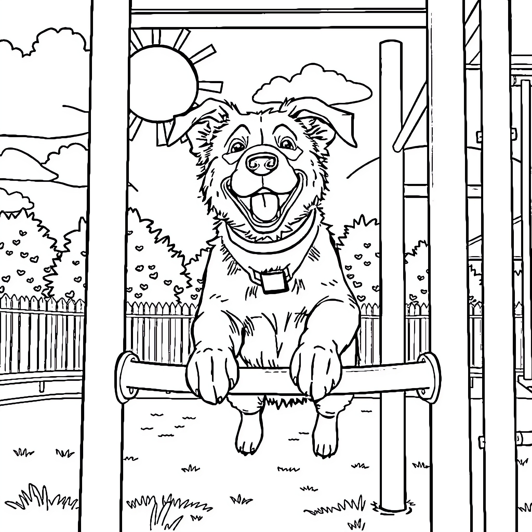 Dog sitting happily on swing under sunny sky Coloring Page (free black-and-white line drawing printable PDF for all, from beginners to advanced learners, including children, teens, adults, and seniors)