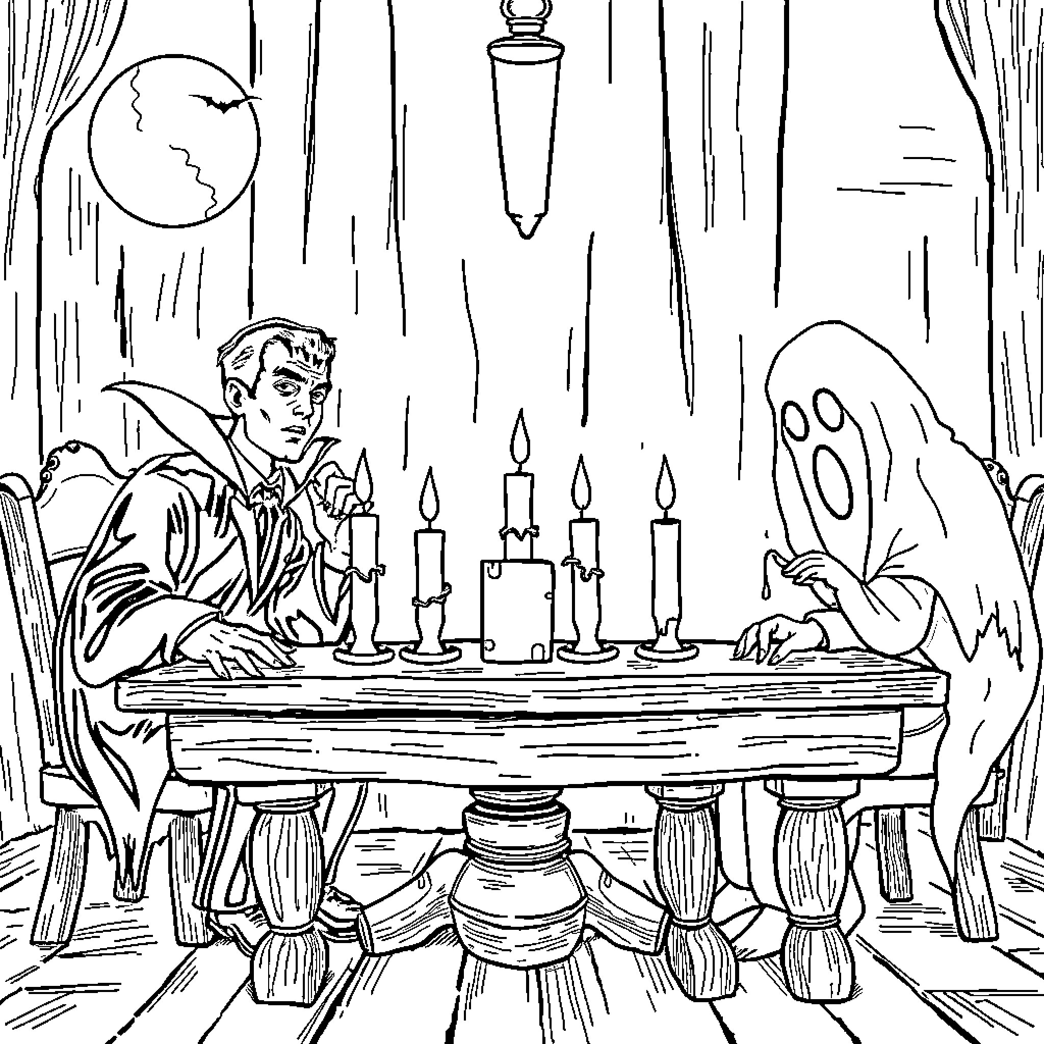 Horror Character Performing Occult Ritual in Haunted Setting Coloring Page (free black-and-white line drawing printable PDF for all, from beginners to advanced learners, including children, teens, adults, and seniors)