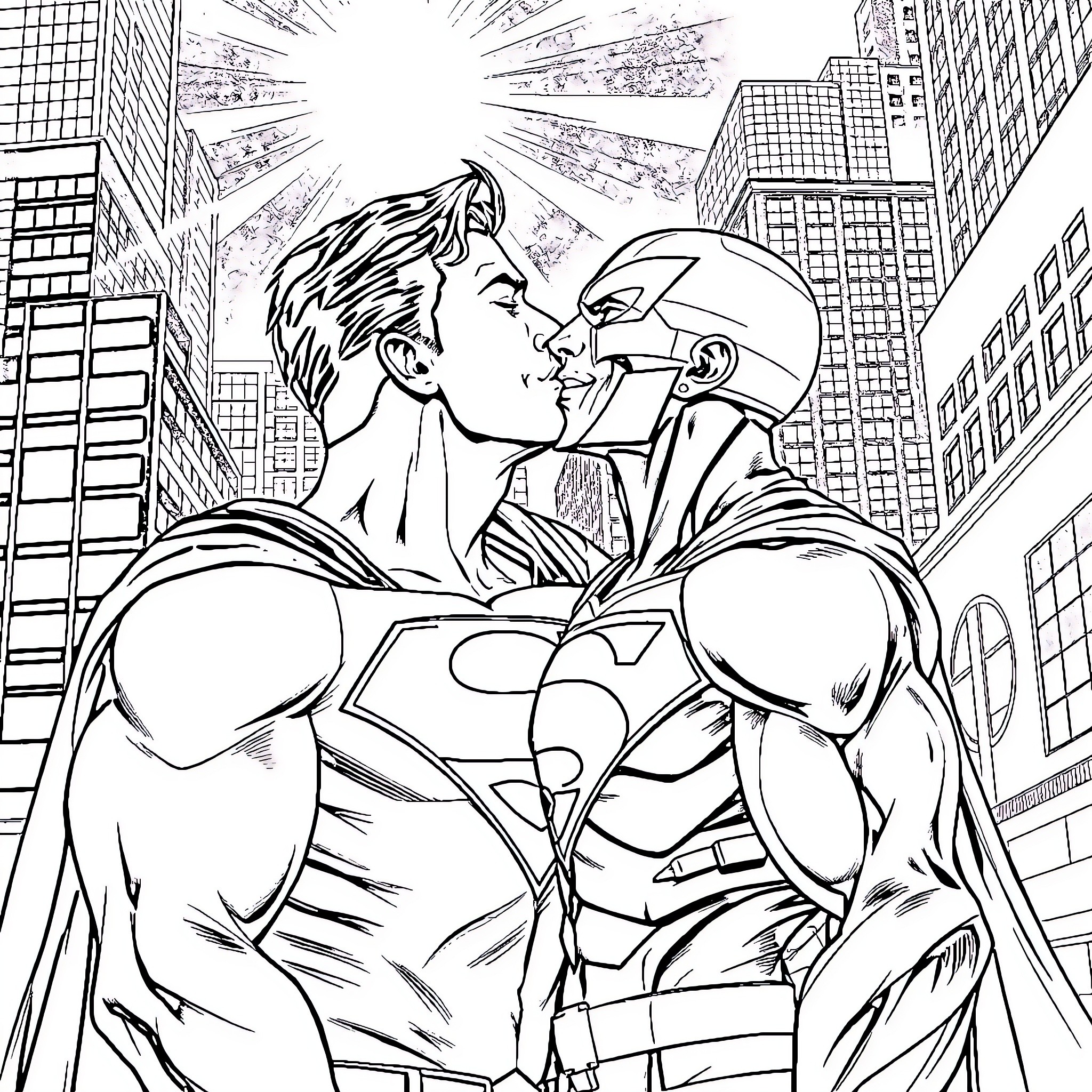 Superman's Heroic Embrace in the City Skyline Coloring Page (free black-and-white line drawing printable PDF for all, from beginners to advanced learners, including children, teens, adults, and seniors)