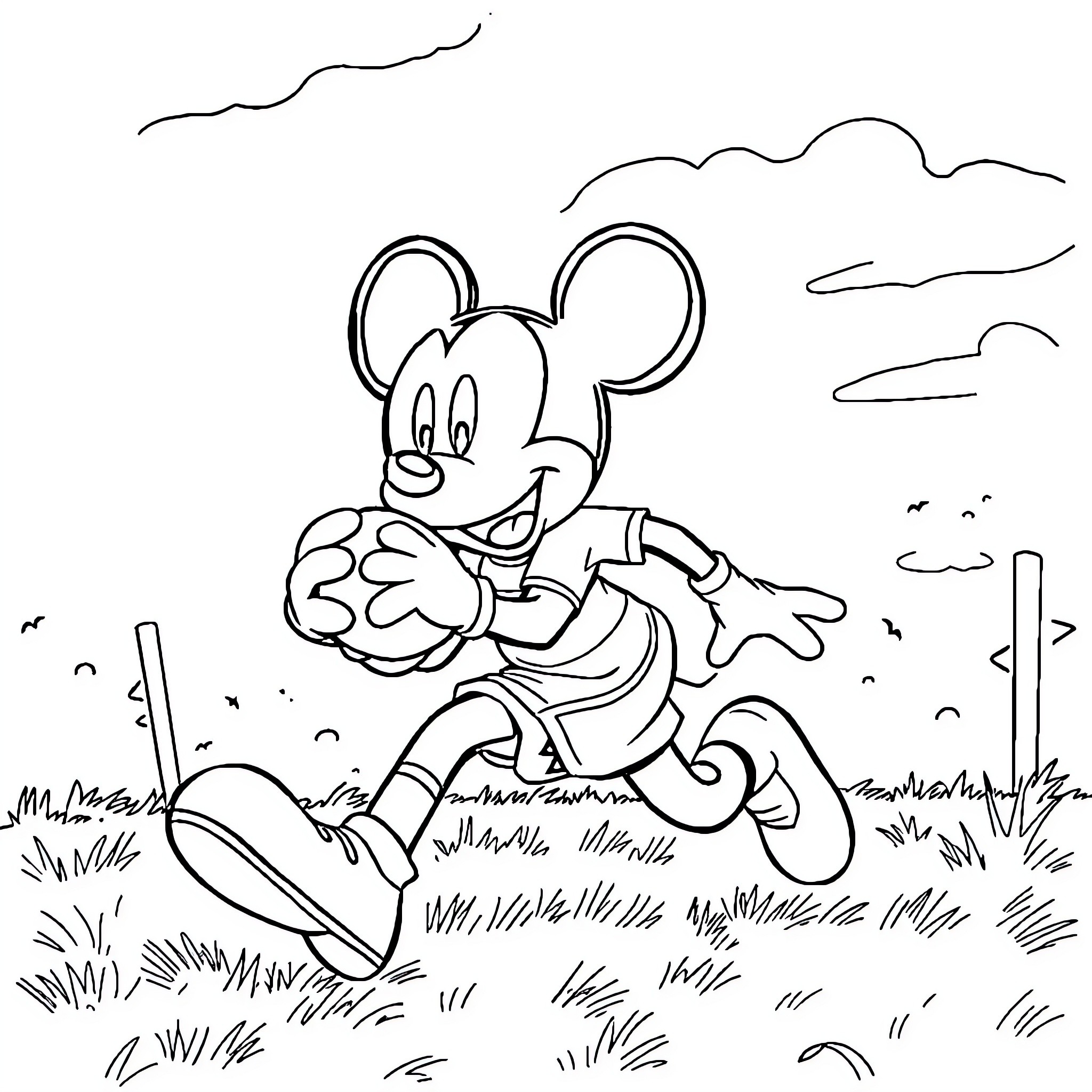 Mickey running happily through the field Coloring Page (free black-and-white line drawing printable PDF for all, from beginners to advanced learners, including children, teens, adults, and seniors)