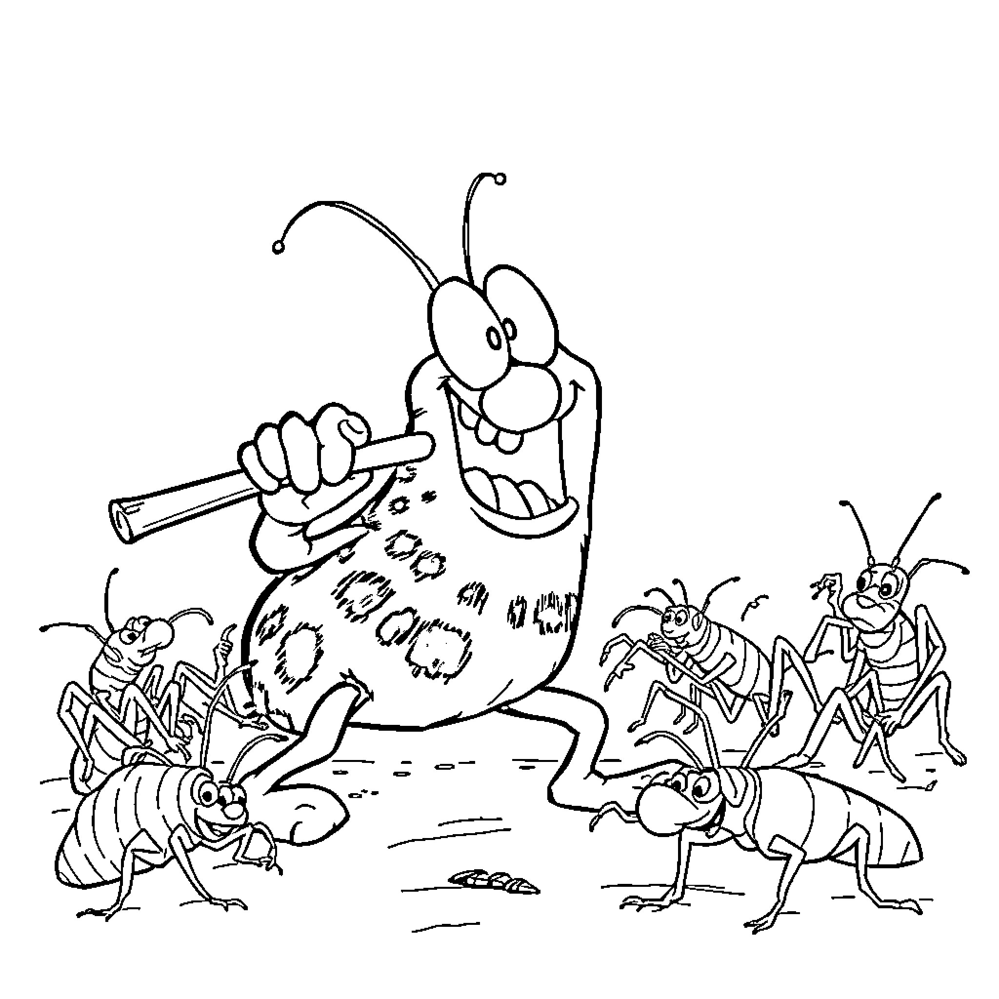 Oggy's Silly Extermination Escapade with Bugs Coloring Page (free black-and-white line drawing printable PDF for all, from beginners to advanced learners, including children, teens, adults, and seniors)