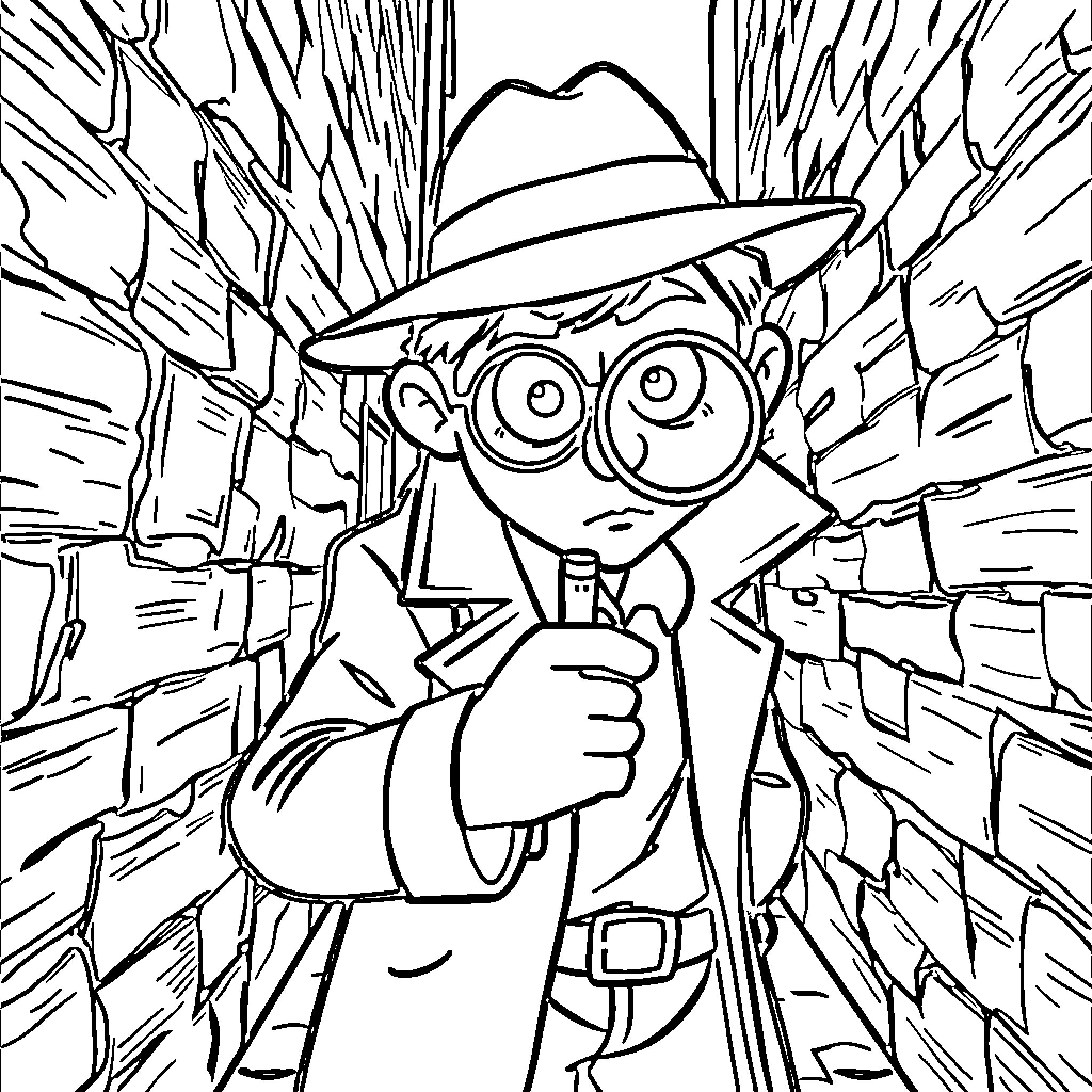 Detective Conan Investigates the Mysterious Alleyway Coloring Page (free black-and-white line drawing printable PDF for all, from beginners to advanced learners, including children, teens, adults, and seniors)