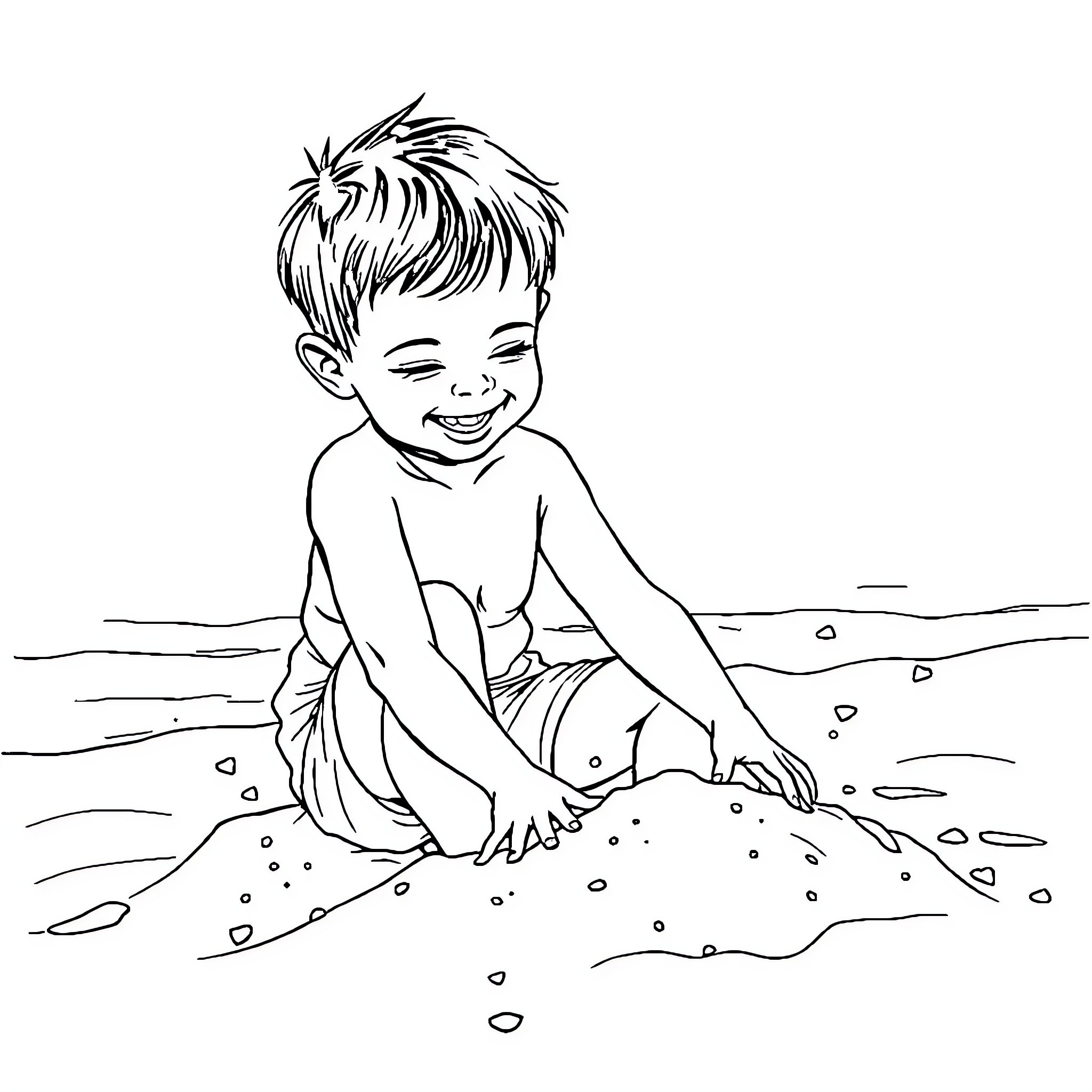 Boy happily playing in the sand Coloring Page (free black-and-white line drawing printable PDF for all, from beginners to advanced learners, including children, teens, adults, and seniors)