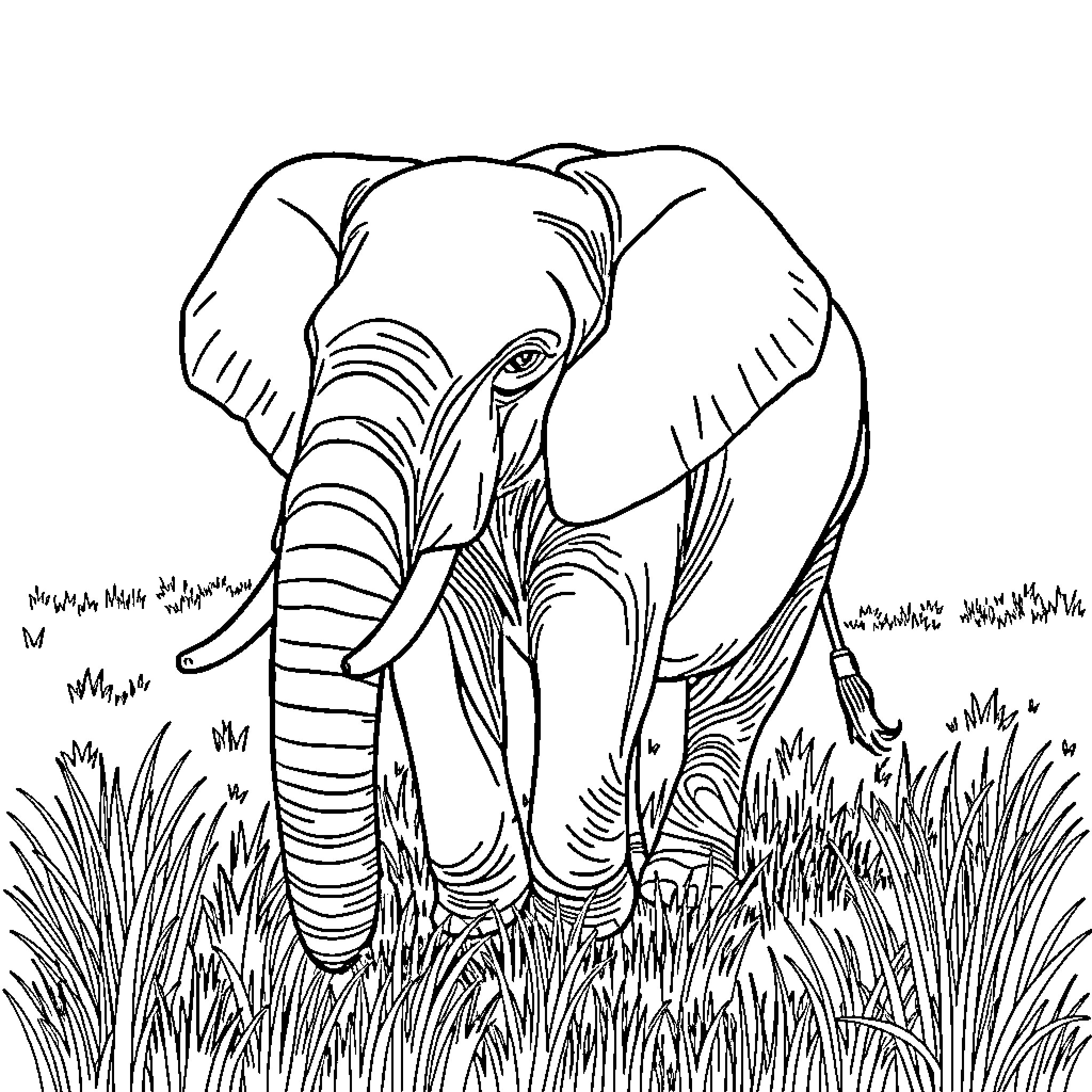 Elephant walking through the tall grass Coloring Page (free black-and-white line drawing printable PDF for all, from beginners to advanced learners, including children, teens, adults, and seniors)