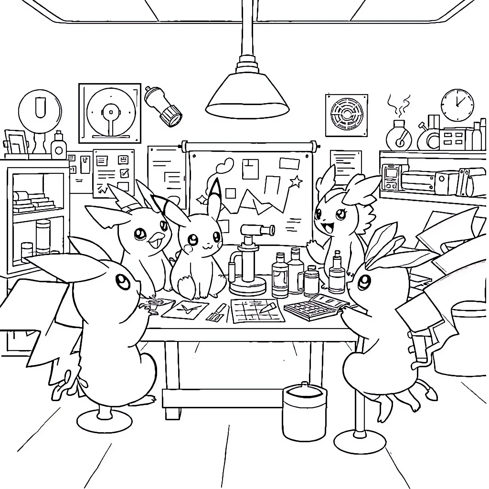 Pokémon characters studying and working in a laboratory Coloring Page (free black-and-white line drawing printable PDF for all, from beginners to advanced learners, including children, teens, adults, and seniors)