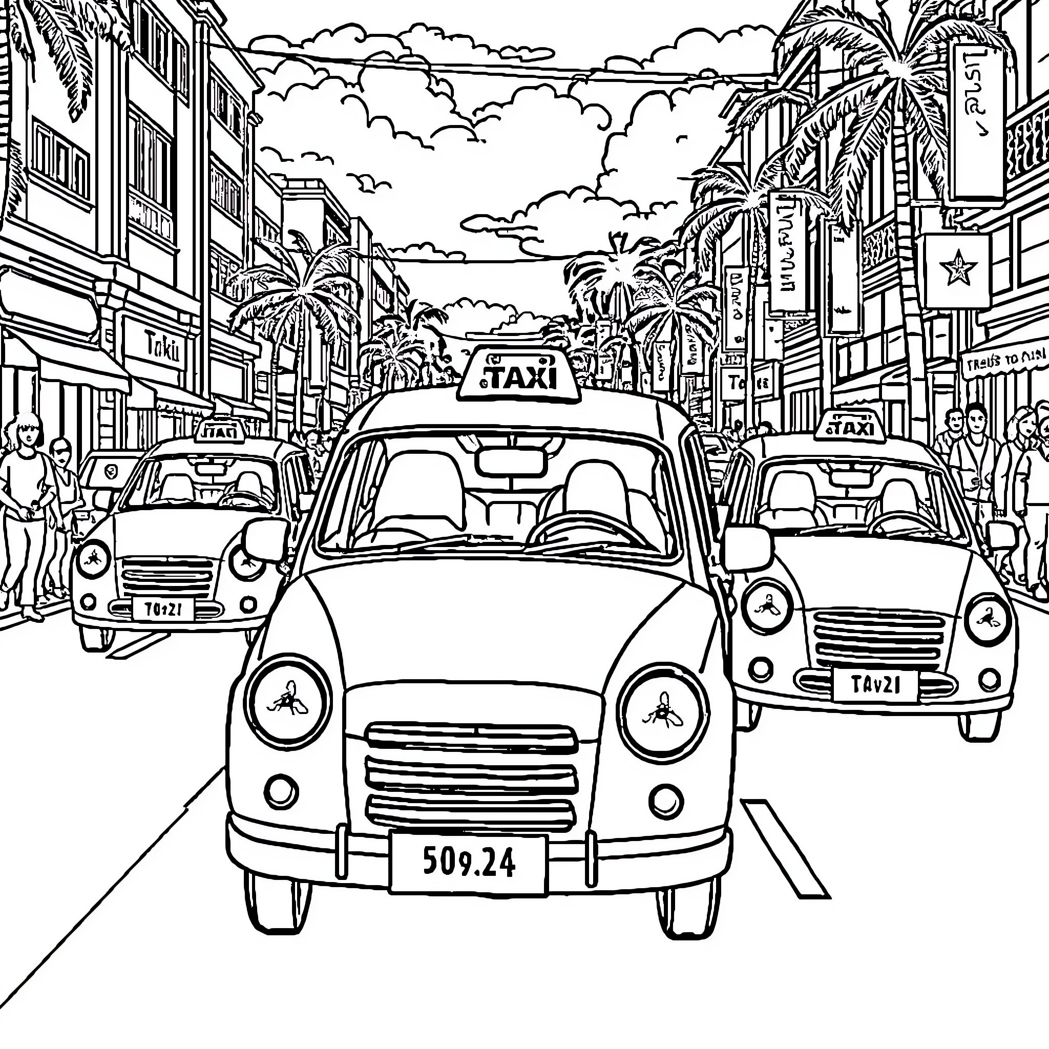 Taxi amid bustling city street with palm trees Coloring Page (free black-and-white line drawing printable PDF for all, from beginners to advanced learners, including children, teens, adults, and seniors)
