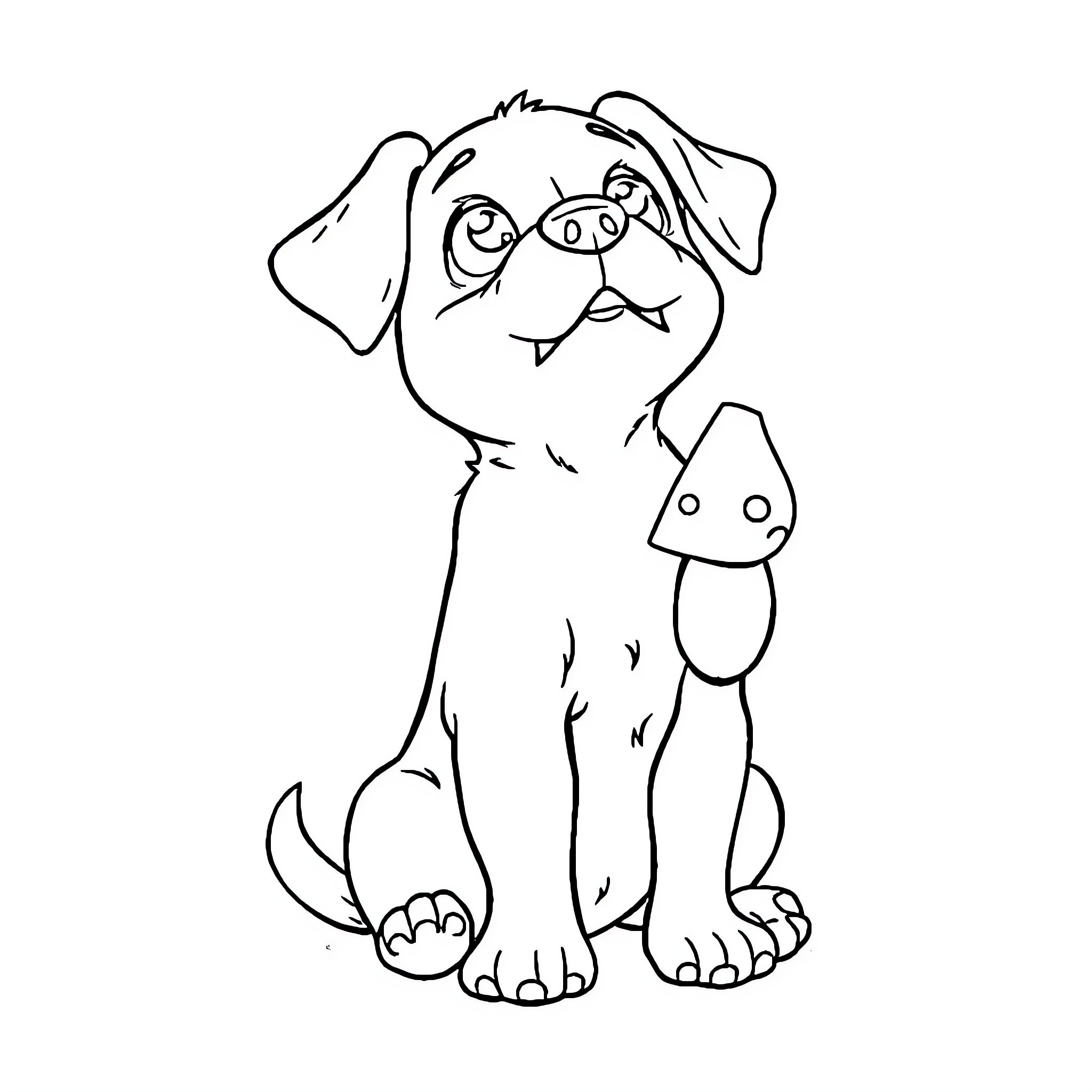 Dog sitting with a toy in a simple sketch Coloring Page (free black-and-white line drawing printable PDF for all, from beginners to advanced learners, including children, teens, adults, and seniors)