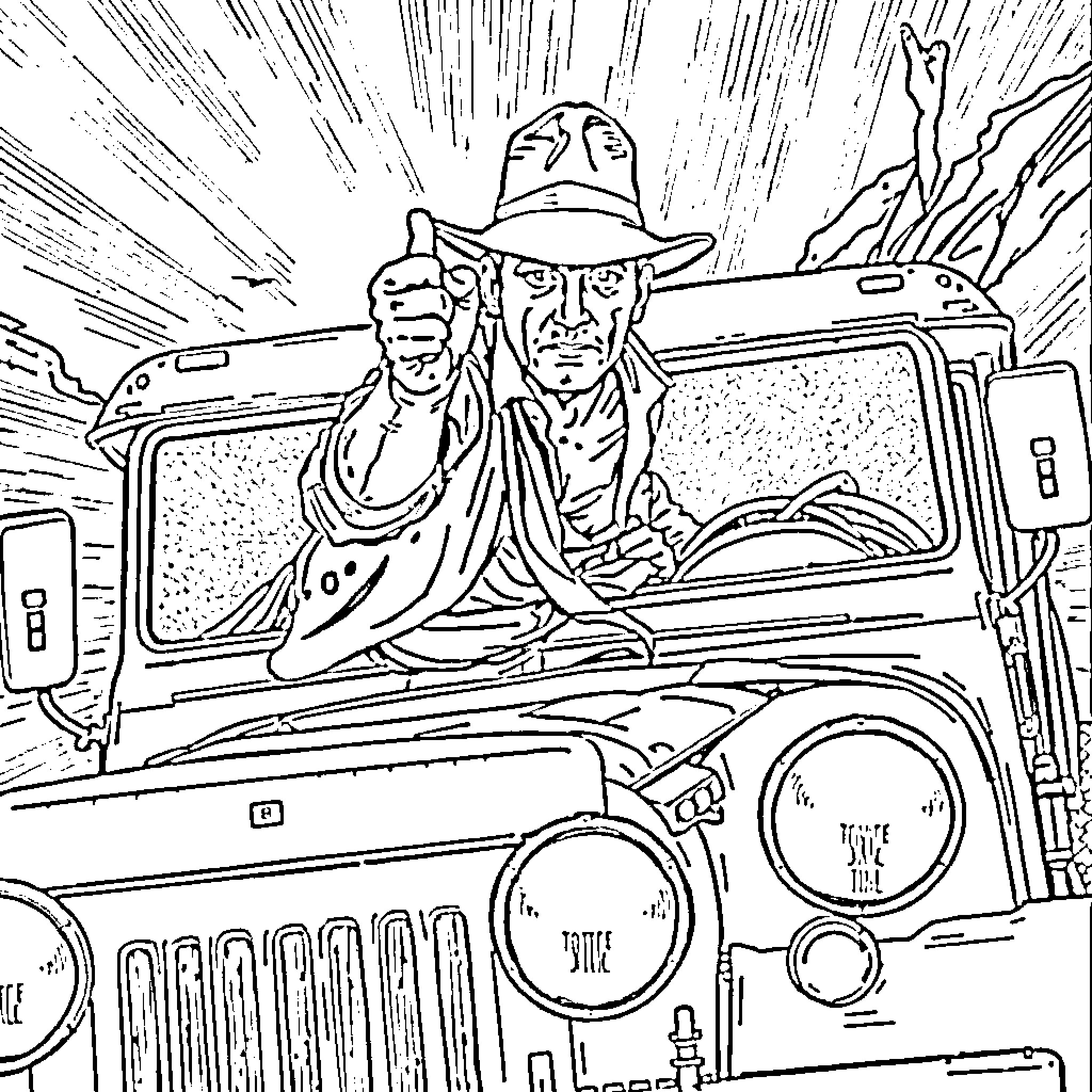 Indiana Jones in action-packed adventure scene Coloring Page (free black-and-white line drawing printable PDF for all, from beginners to advanced learners, including children, teens, adults, and seniors)