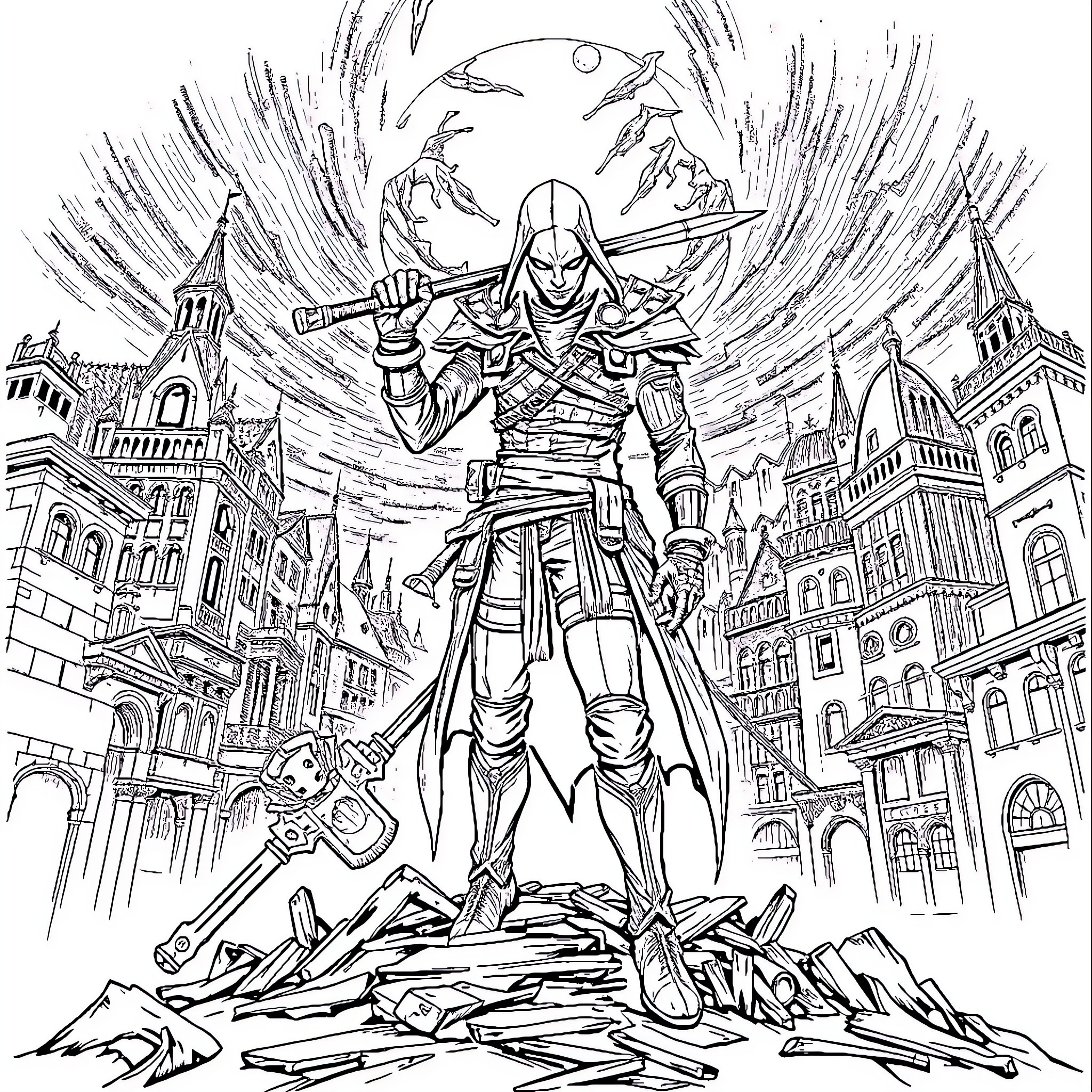 Hunter Conquering the City in Battle Gear Coloring Page (free black-and-white line drawing printable PDF for all, from beginners to advanced learners, including children, teens, adults, and seniors)