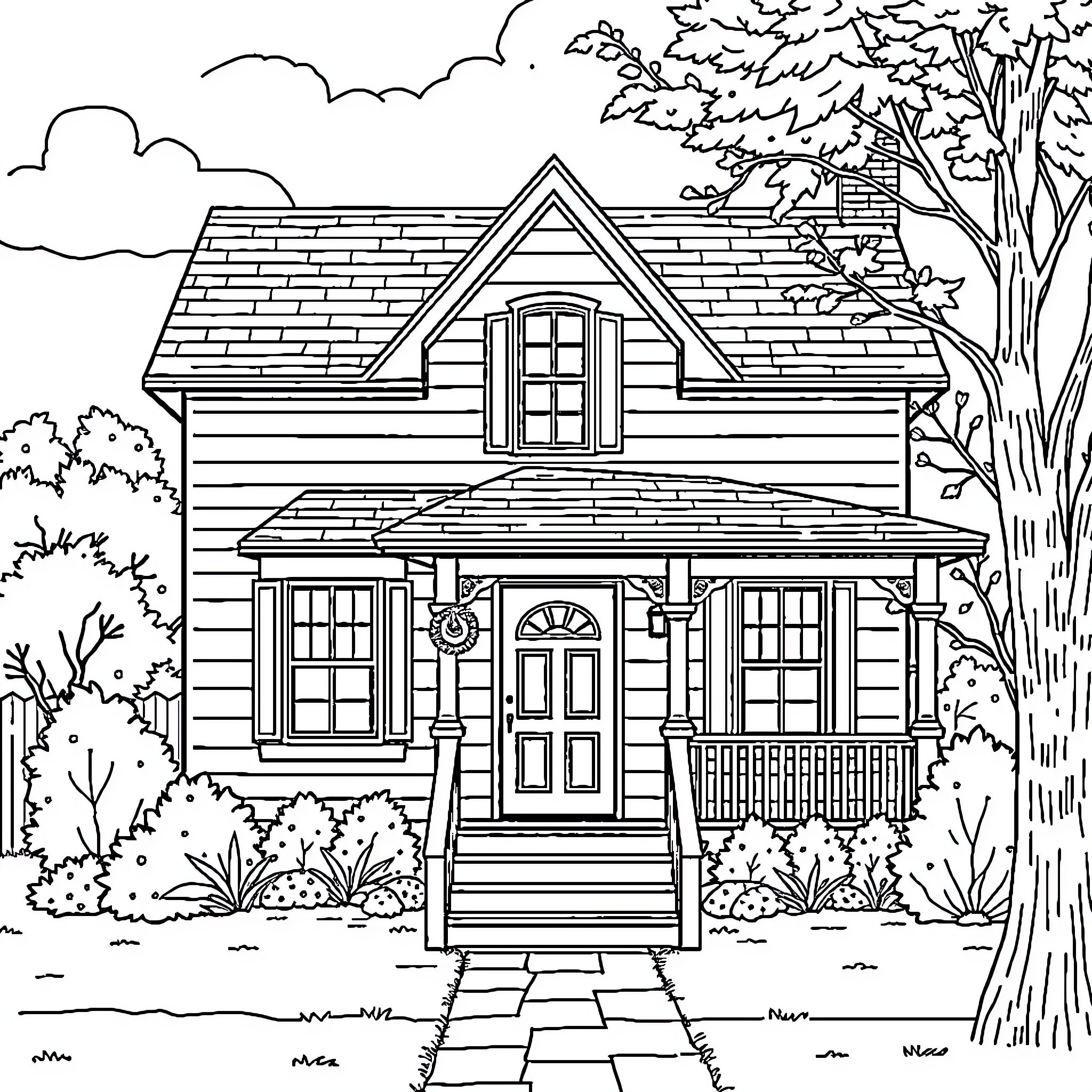 House with Decorative Features and Surrounded by Nature Coloring Page (free black-and-white line drawing printable PDF for all, from beginners to advanced learners, including children, teens, adults, and seniors)